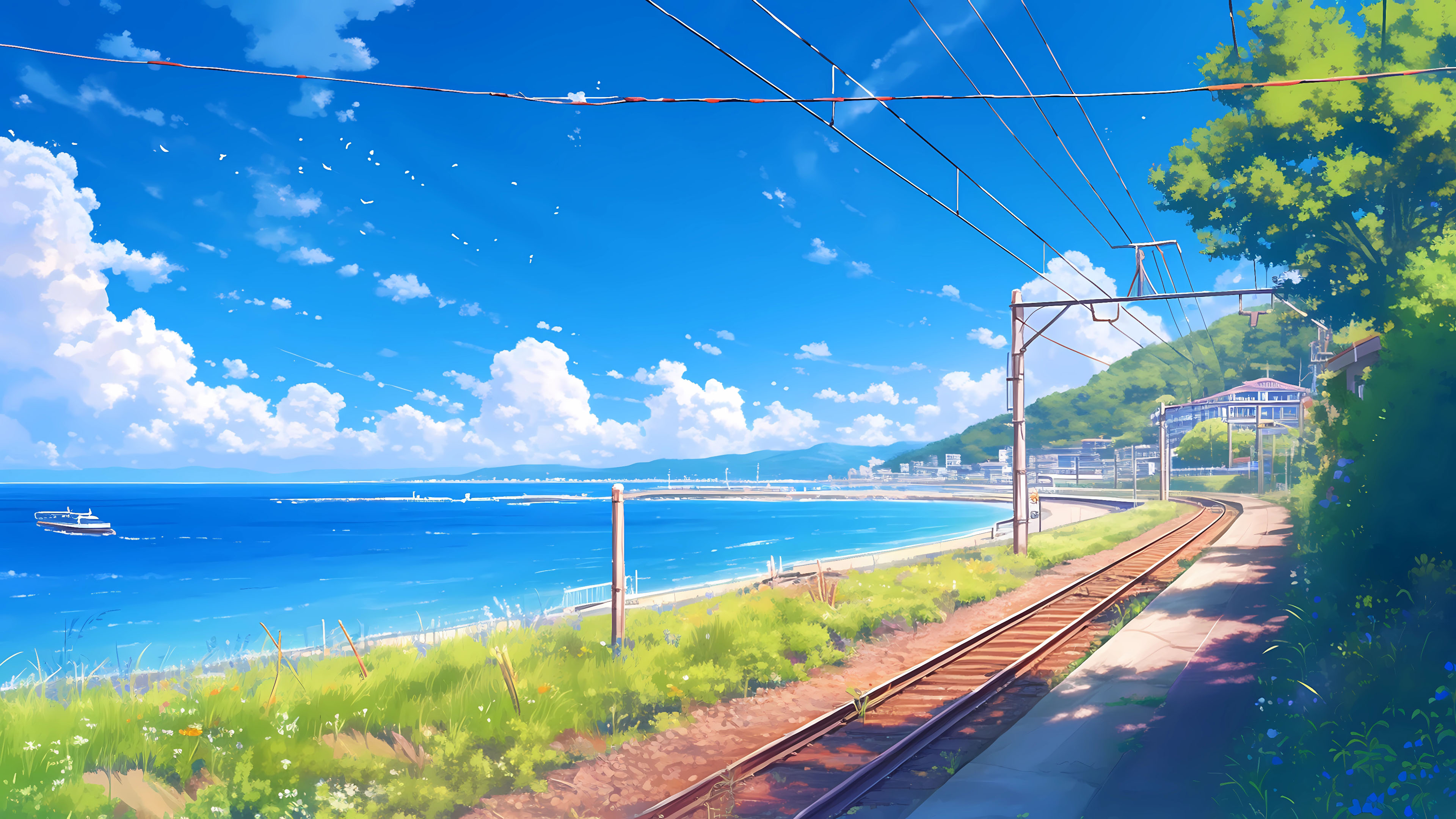 海边,海岸,铁路,树,房子,蓝天