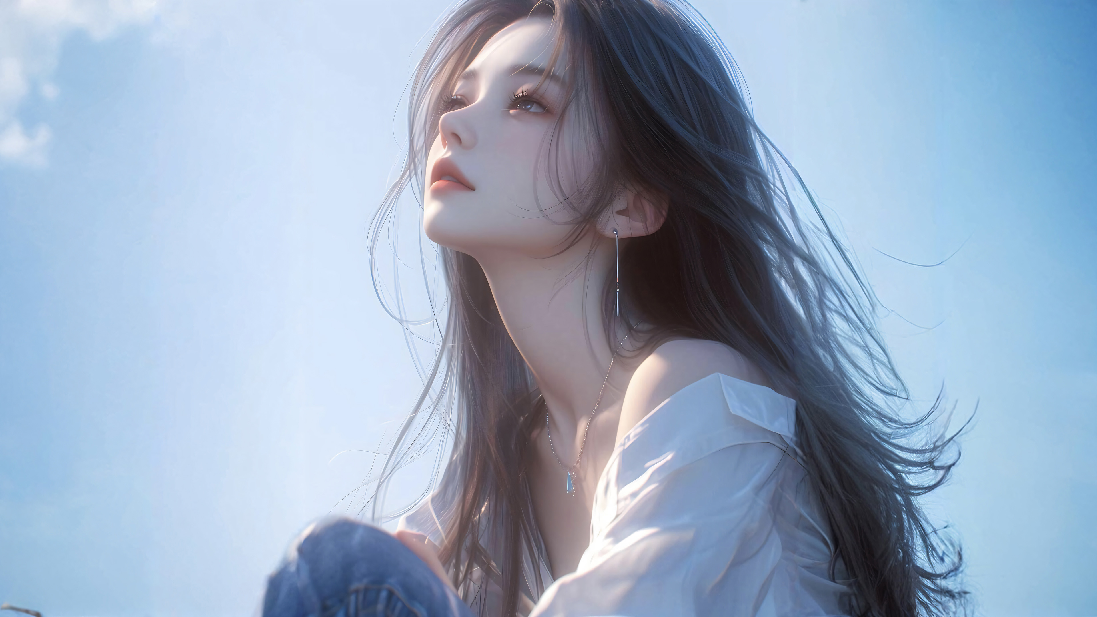 女孩,望天,长发,项链