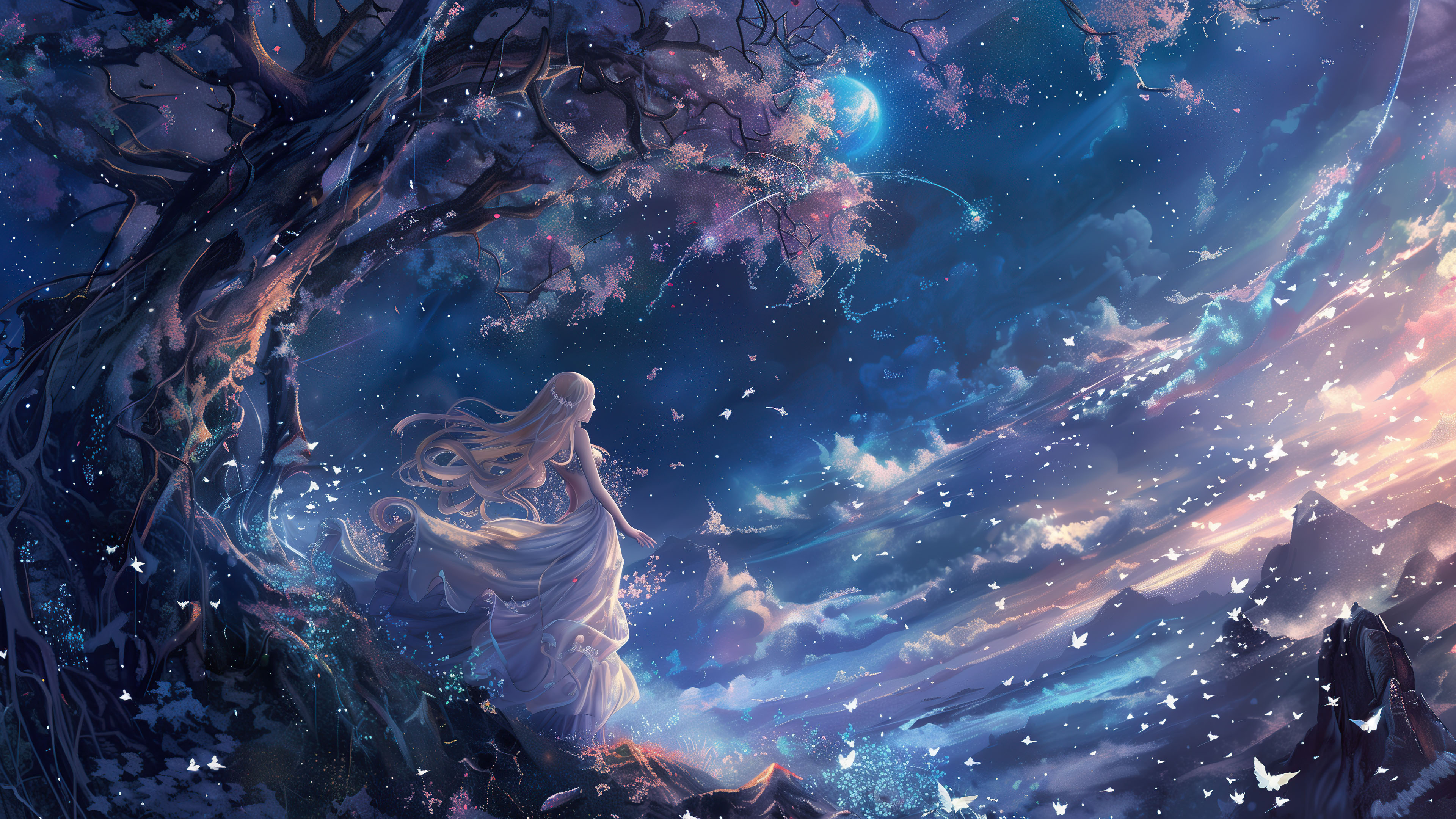 星空少女,树,天空,唯美,梦幻