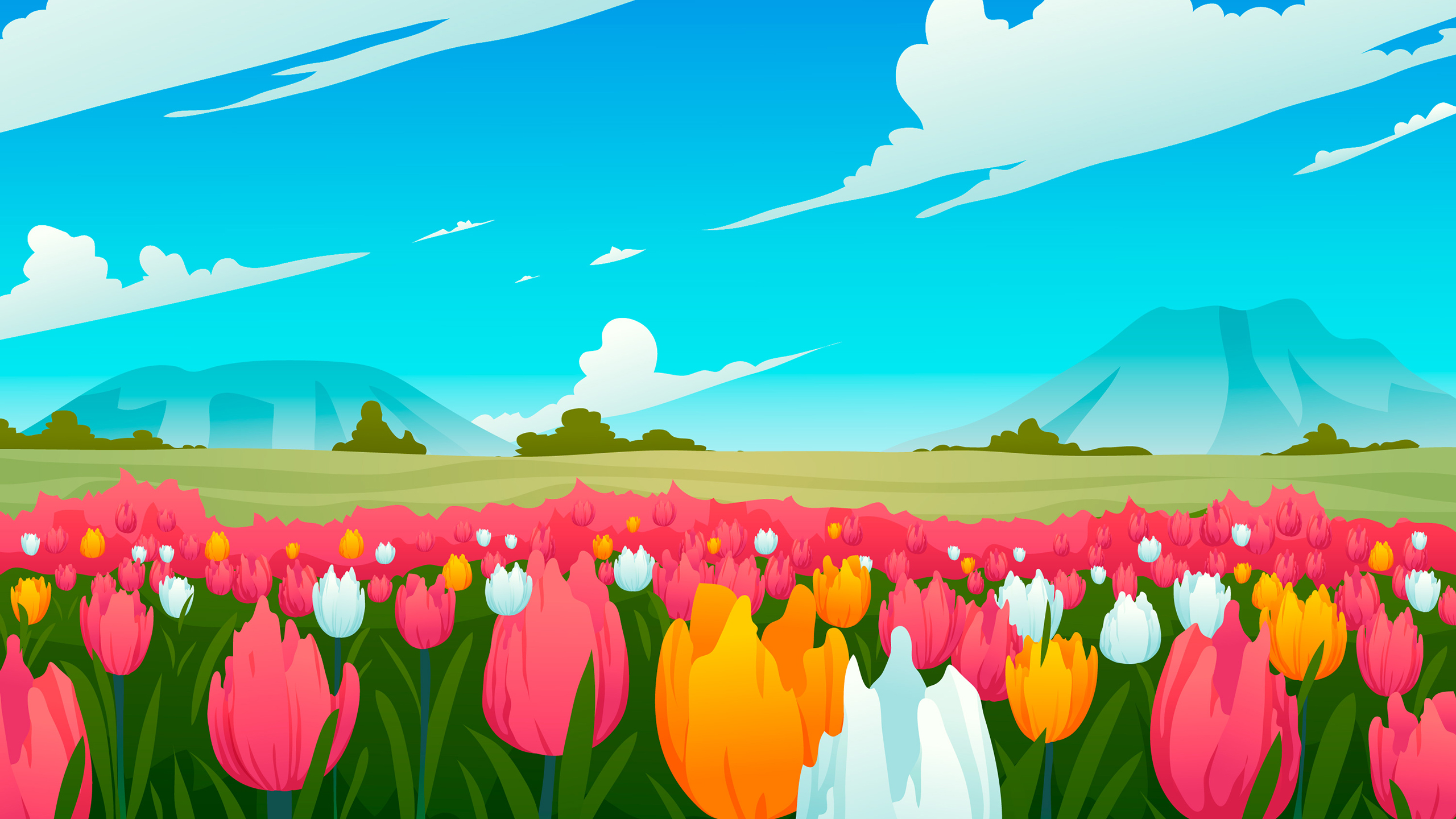 郁金香,花田,平原,童话,像素