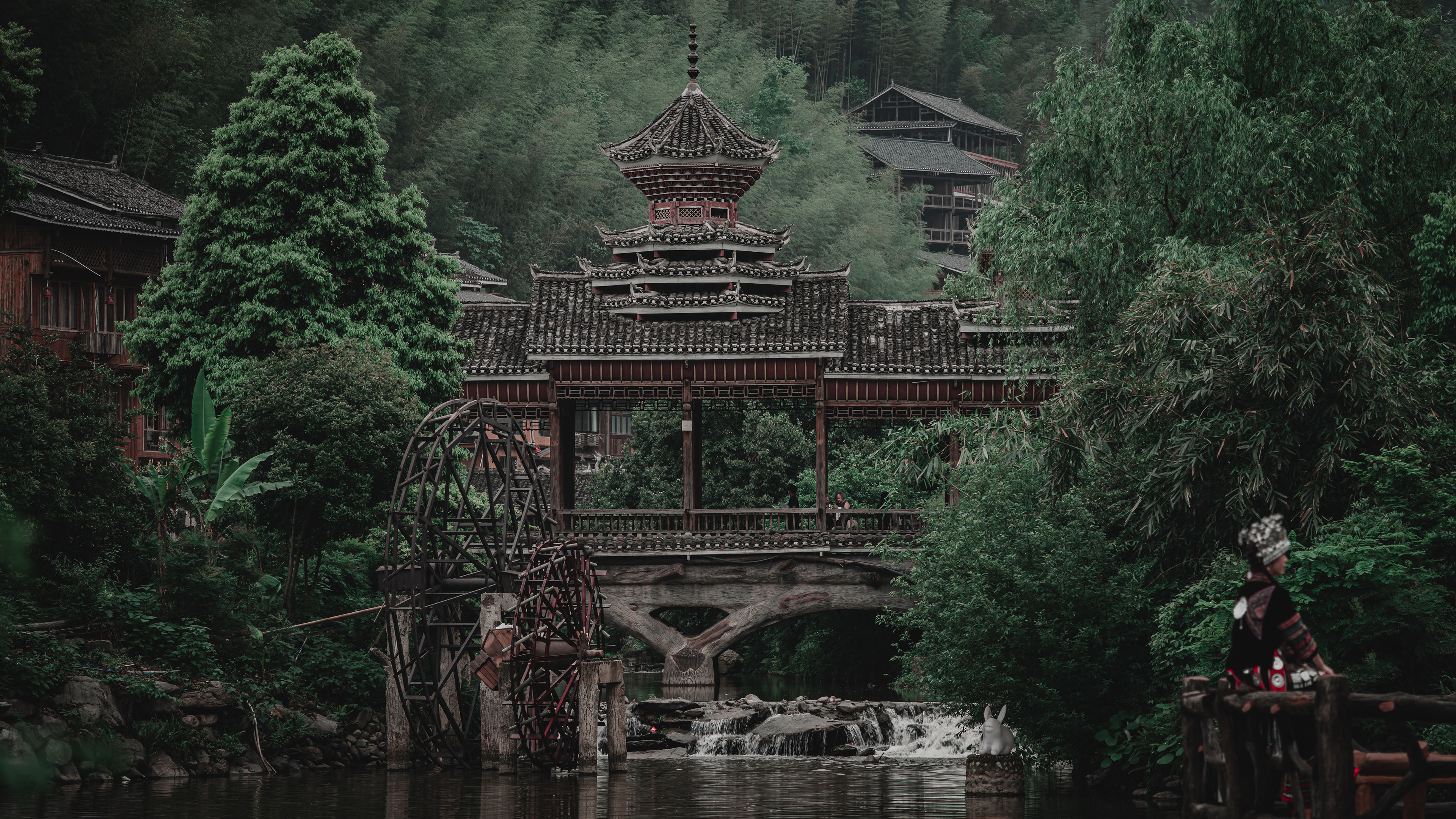 自然风光,苗寨,水车,廊桥