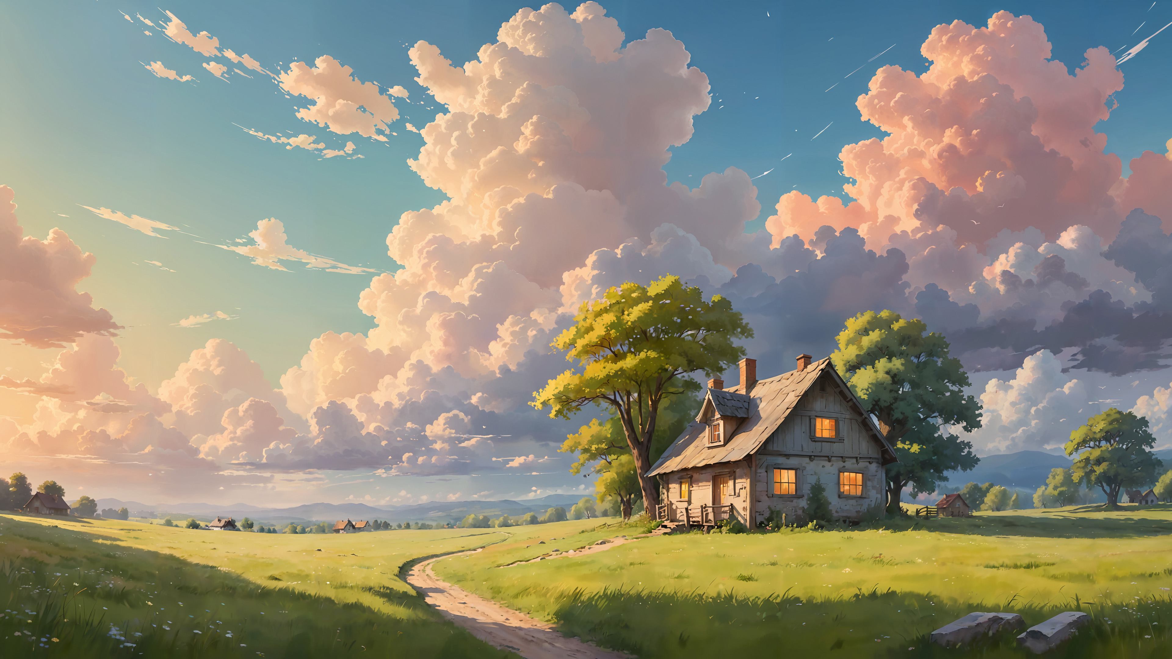 小屋,草地,小路,云朵