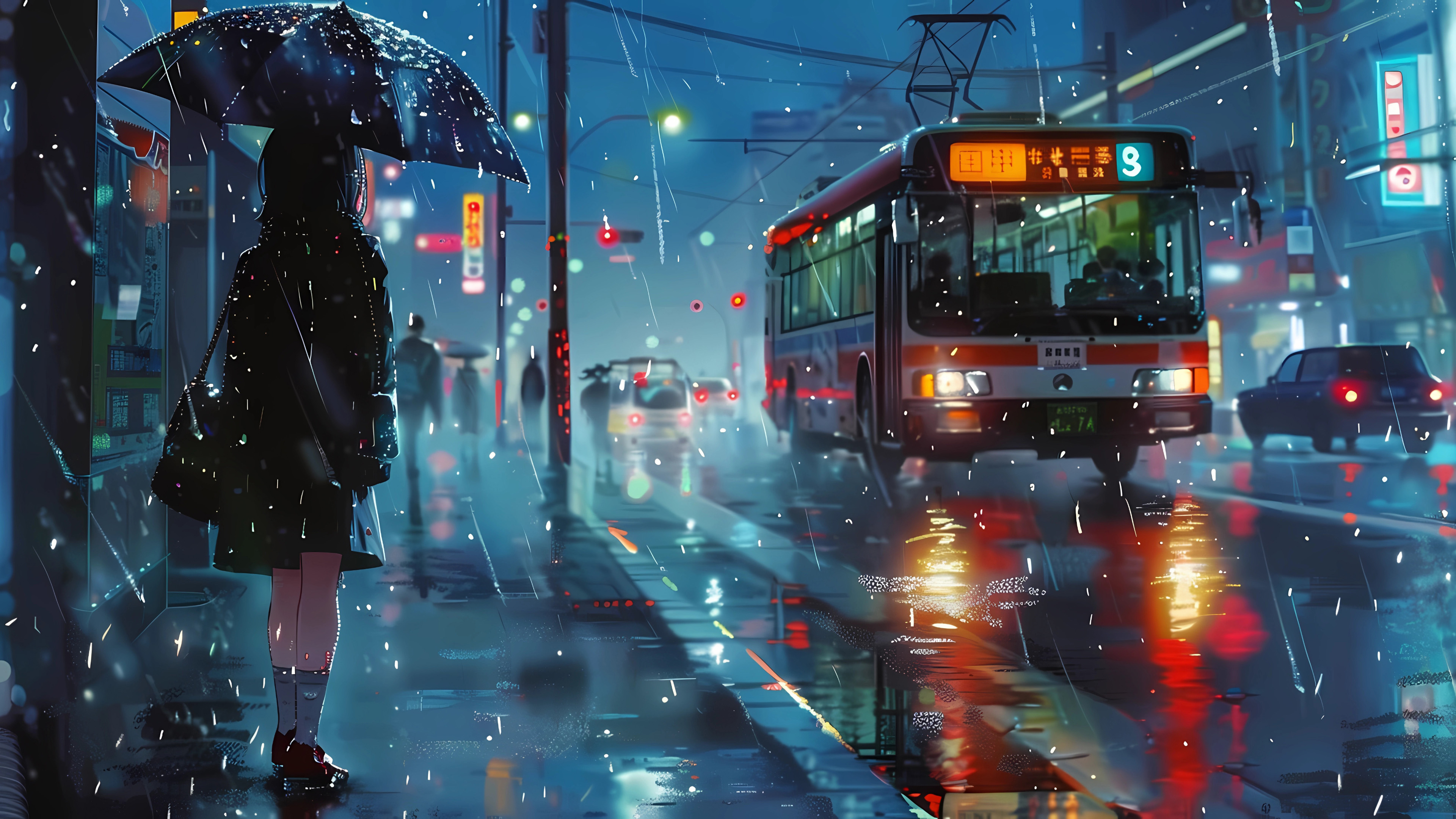 女孩,汽车,雨中,雨伞