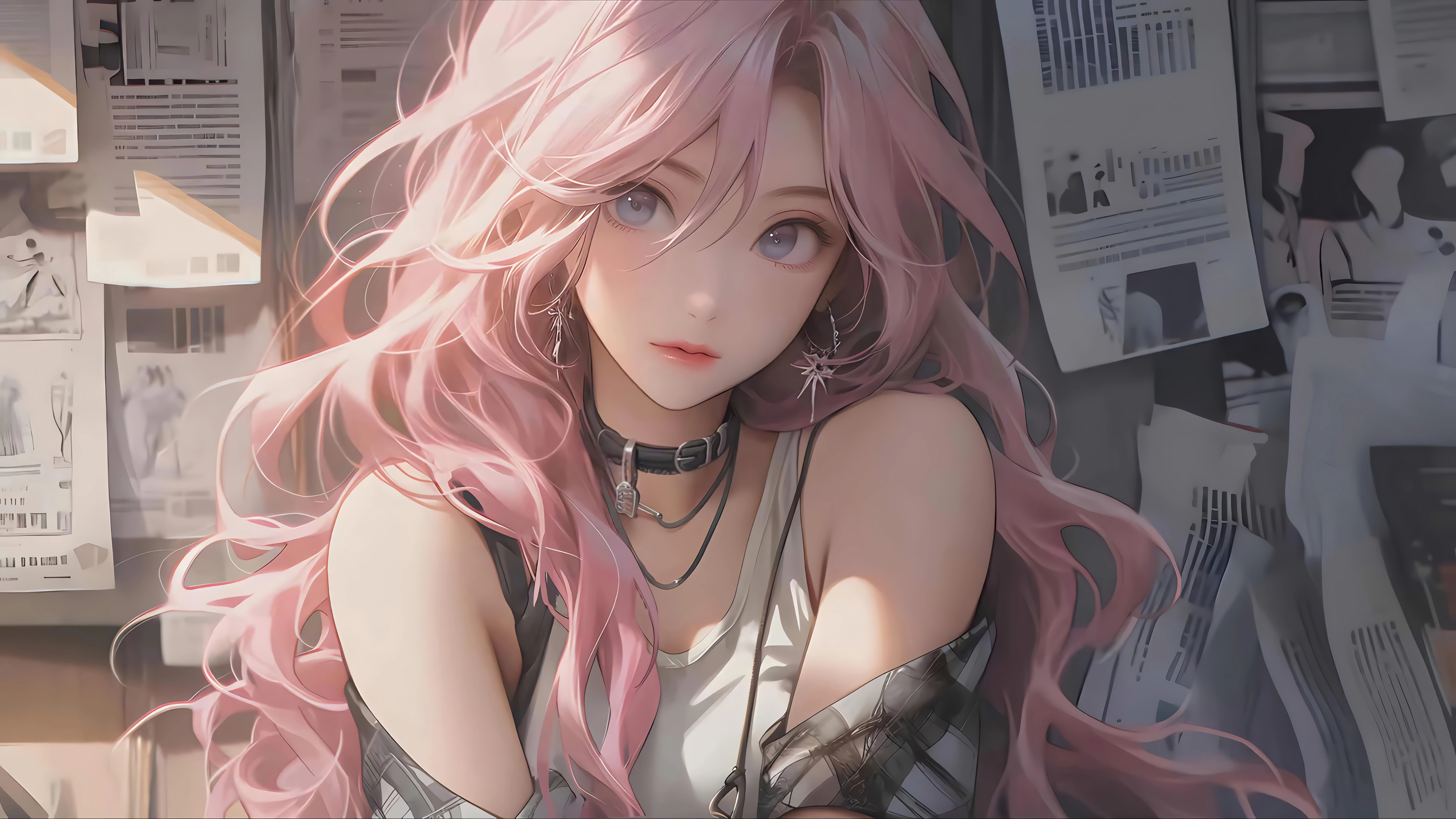 粉色大波浪女孩,报纸墙