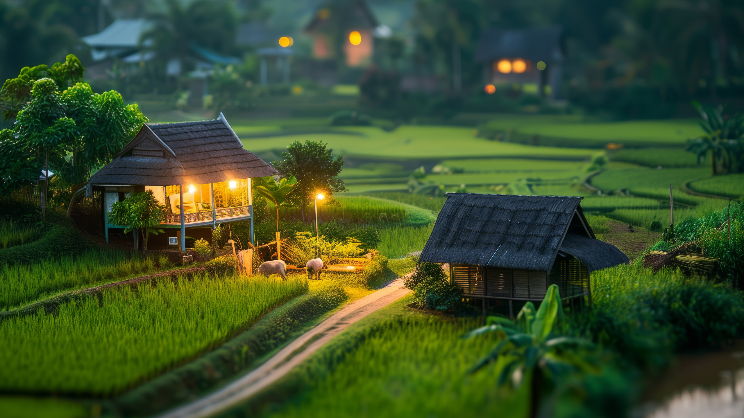 乡村之夜,稻田,小屋,村庄