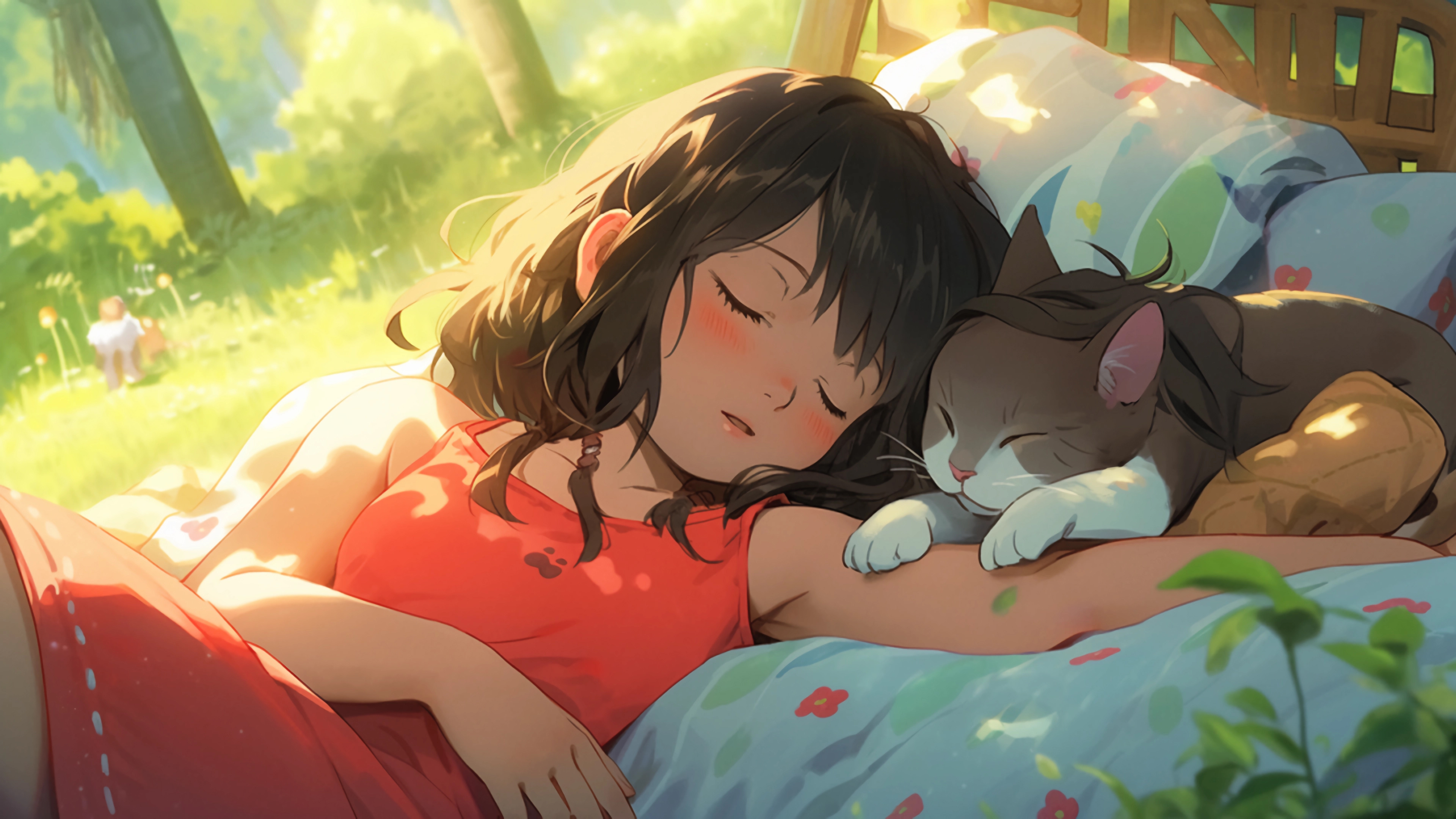 小女孩,小猫,睡觉,温馨