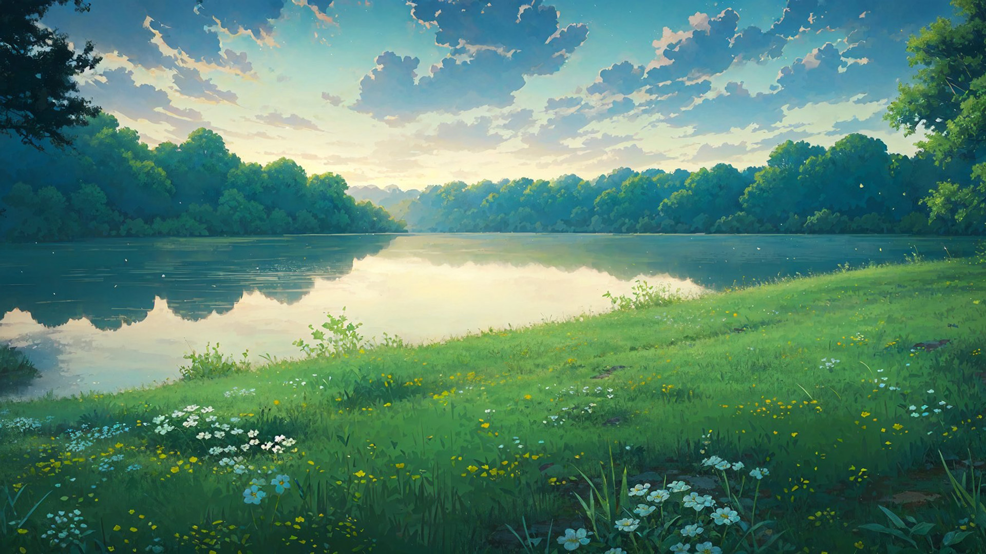 草地,小野花,湖水