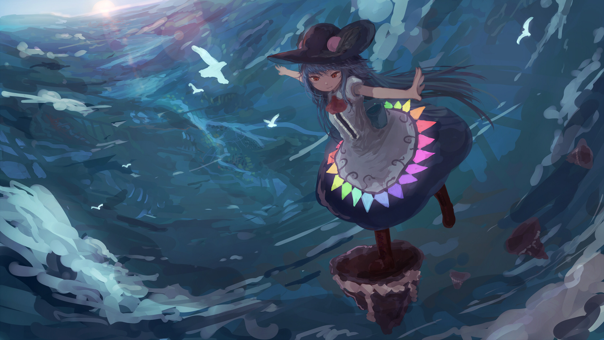 海浪,海鸥,女孩,太阳