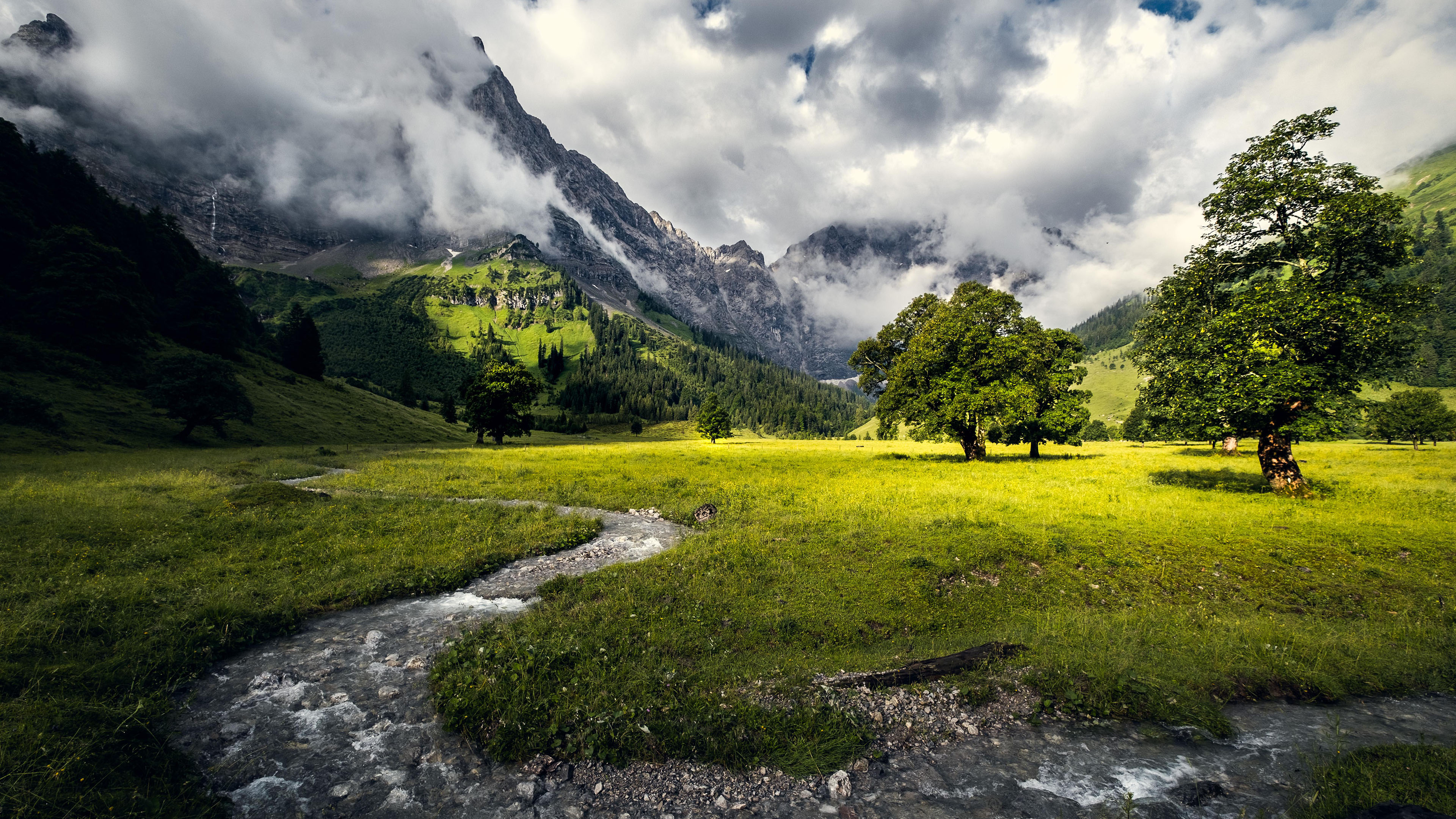 自然风光,小溪,雪山,云海,草地