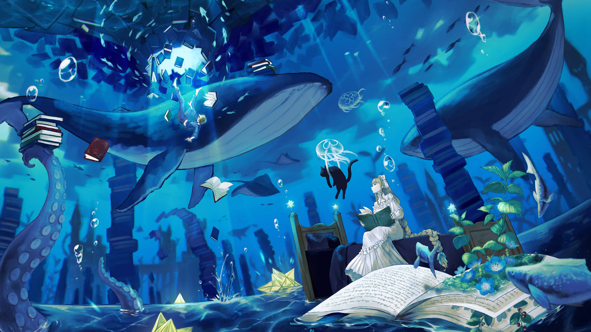 海底,鲸鱼,书,降落