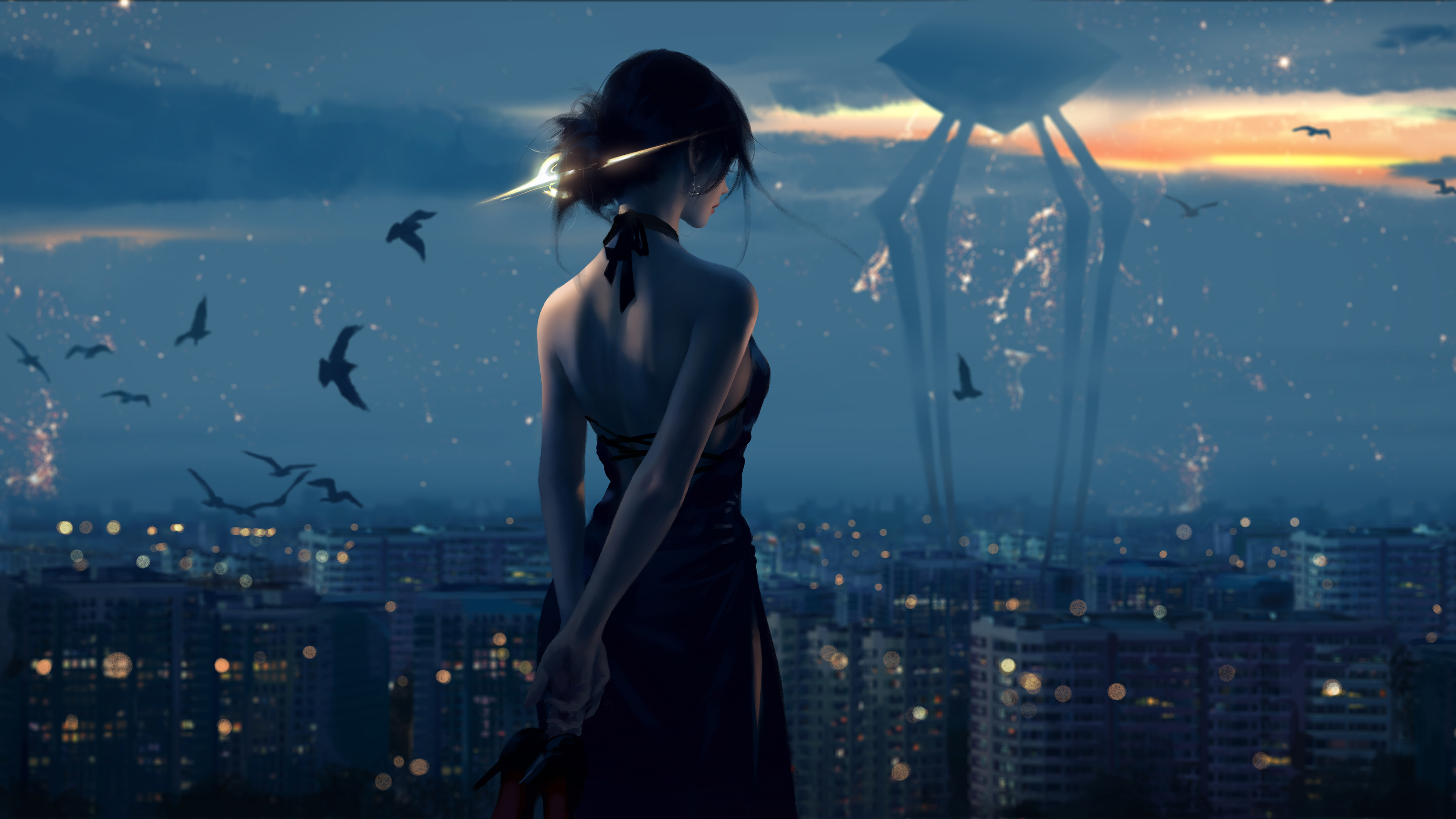 乌鸦,城市,夜景,背影