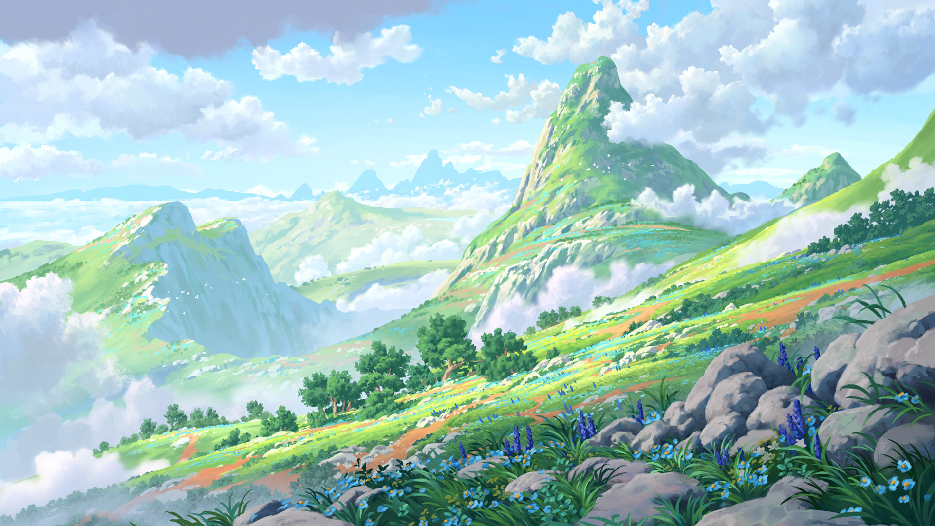 童话,山坡,山峰,云朵