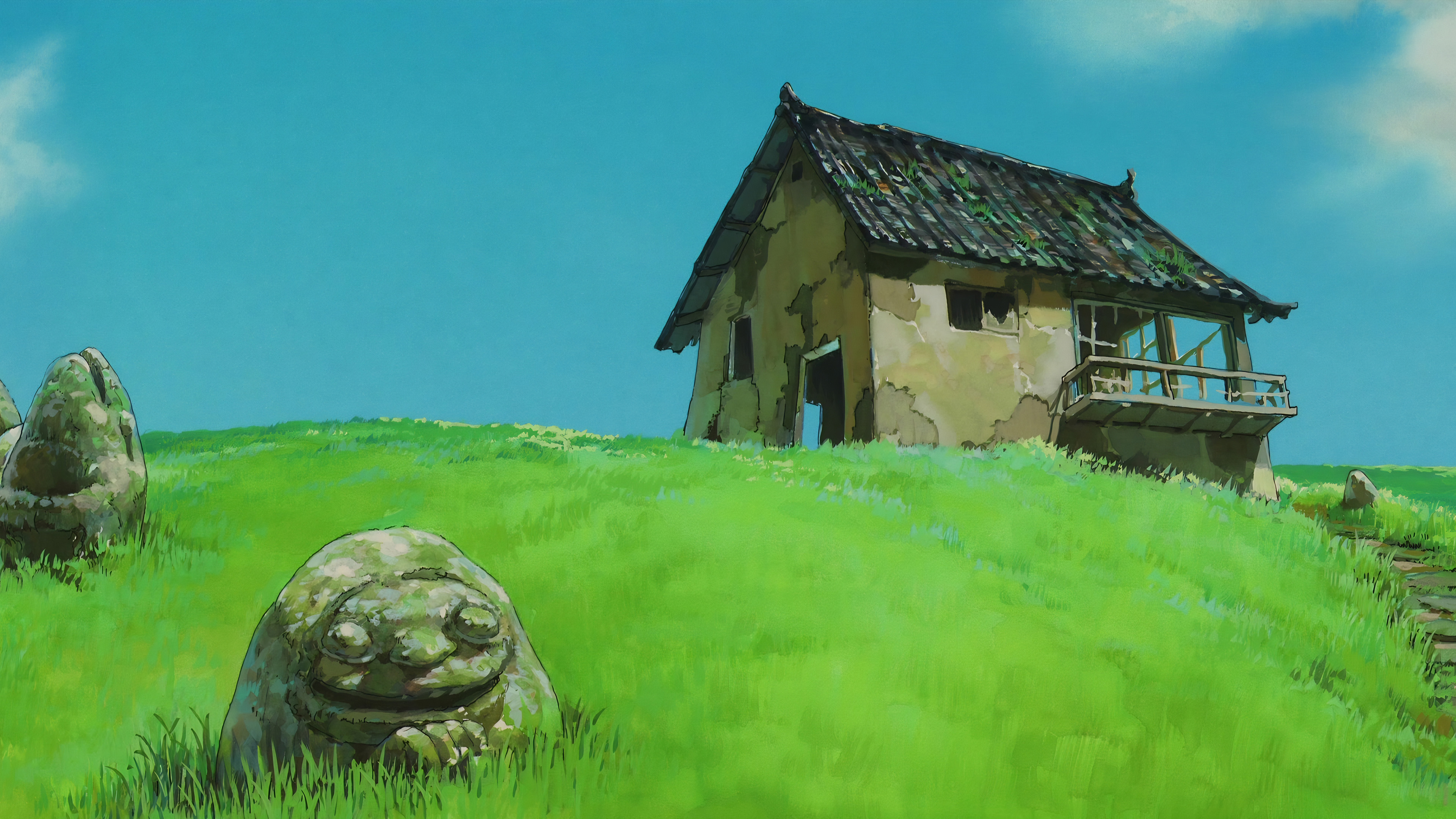 小破屋,石像,草地,山坡