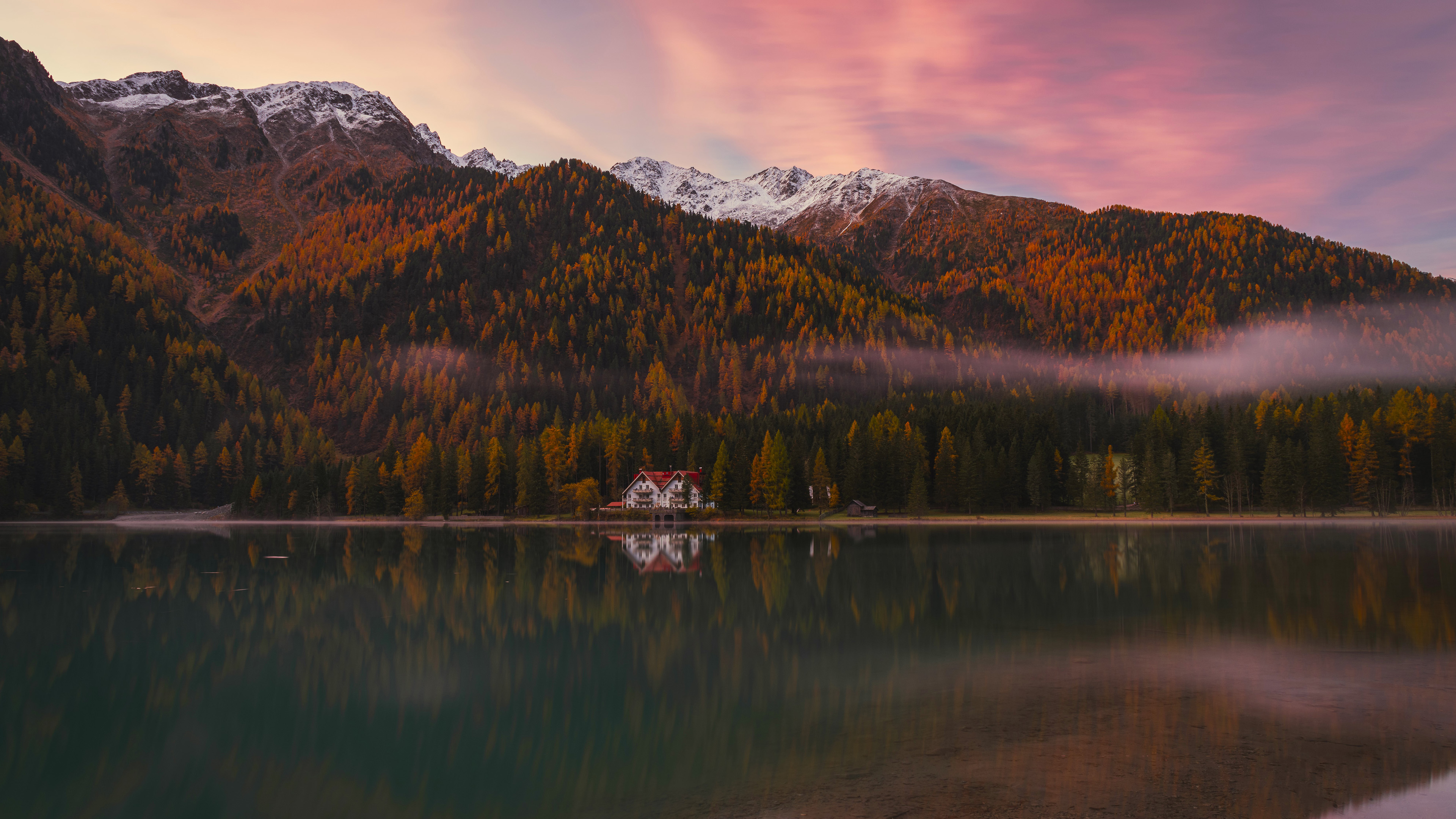 自然风光,树林,小屋,湖畔倒影