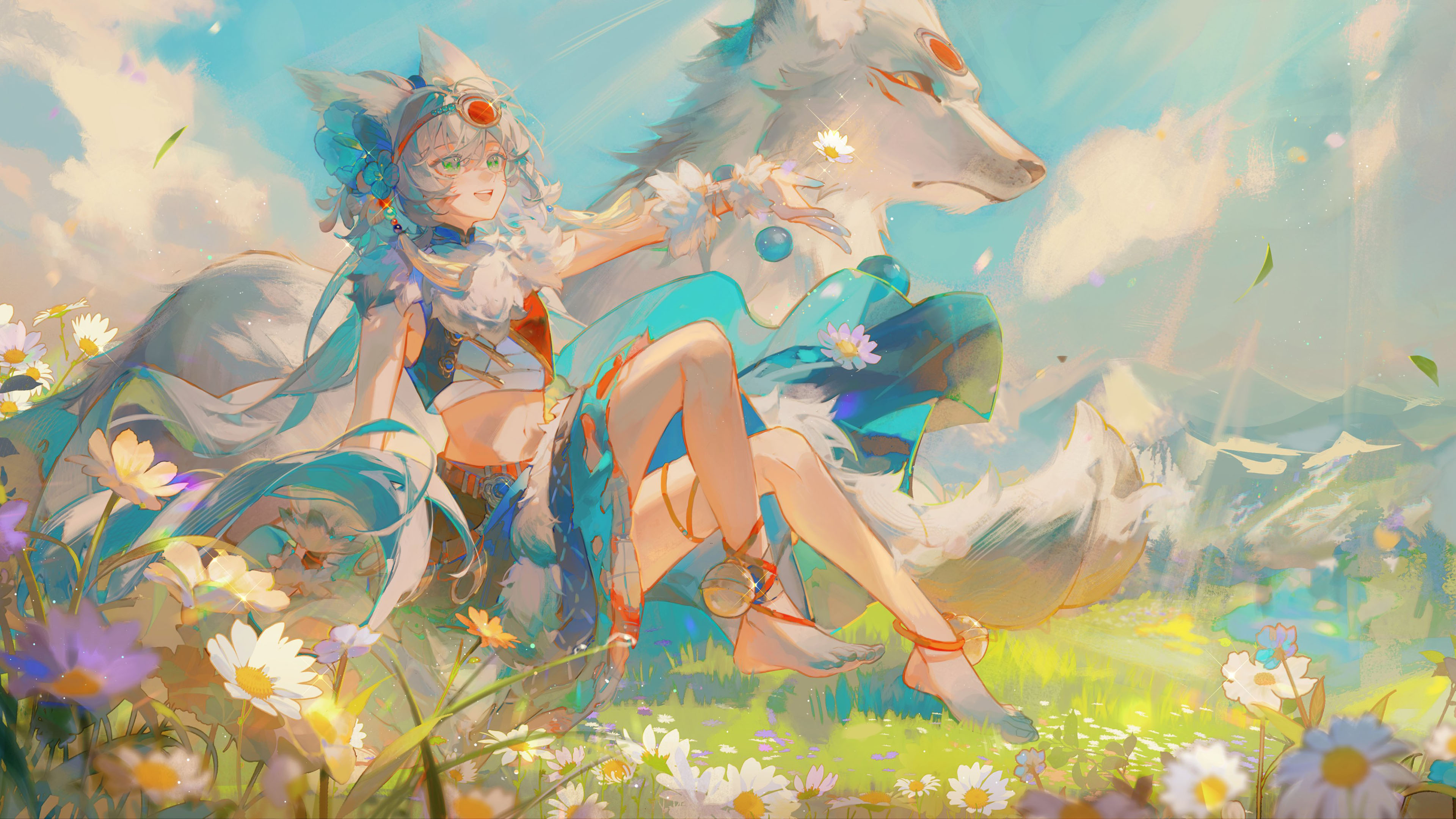 洛天依,狐狸,草地,花丛