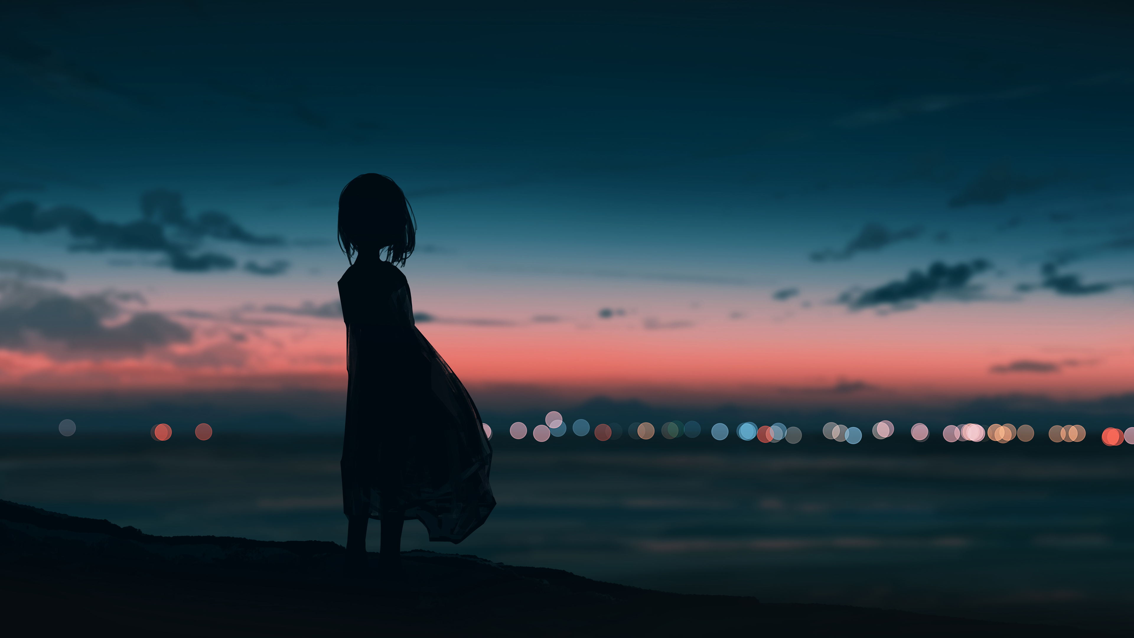 夜景,海滩,城市,背影,晚霞