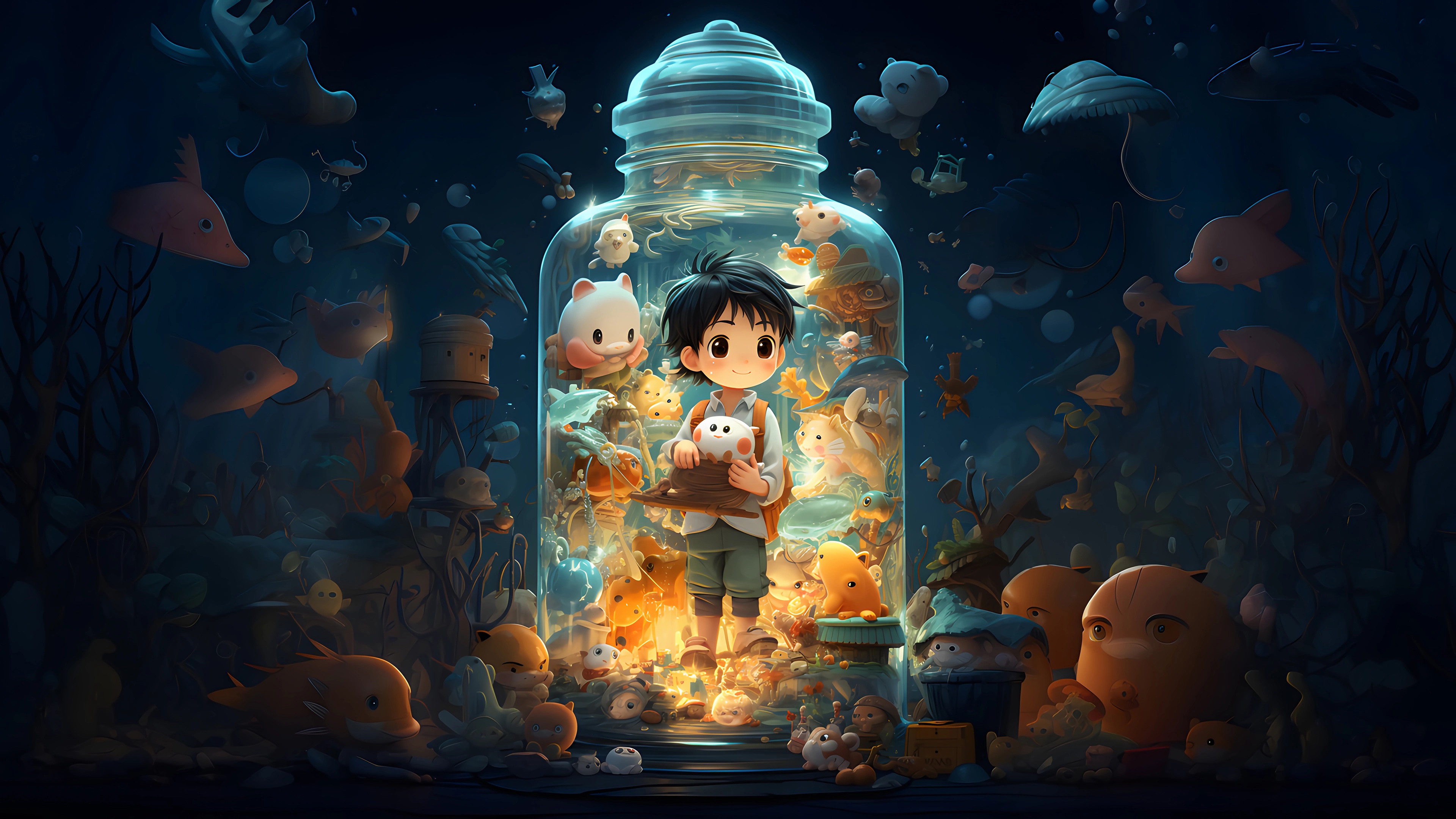鱼,瓶子,小男孩,海洋,童话