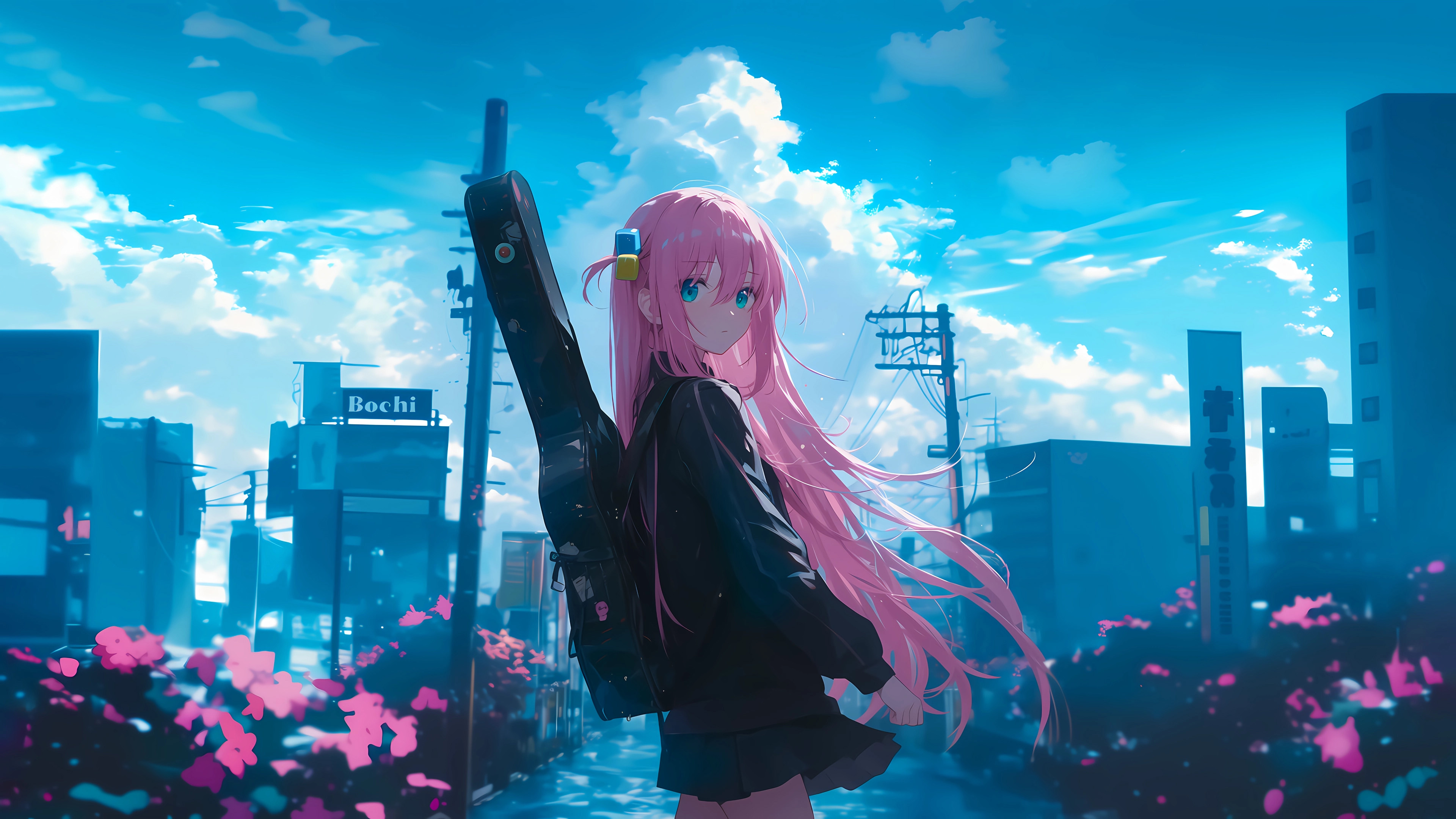 粉色长发,白云,城市,吉他