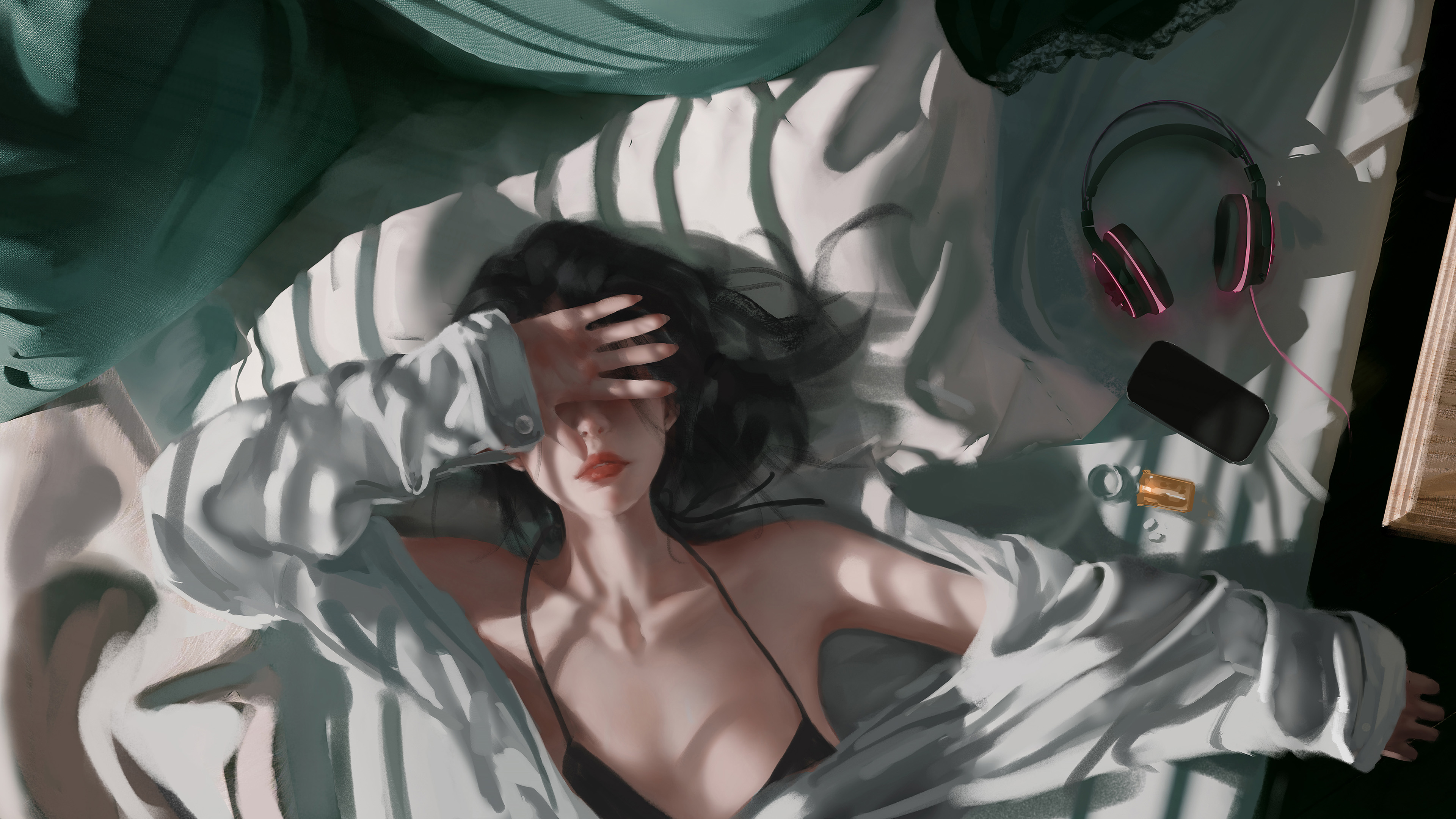 阳光,清晨,音乐,耳机,卧室