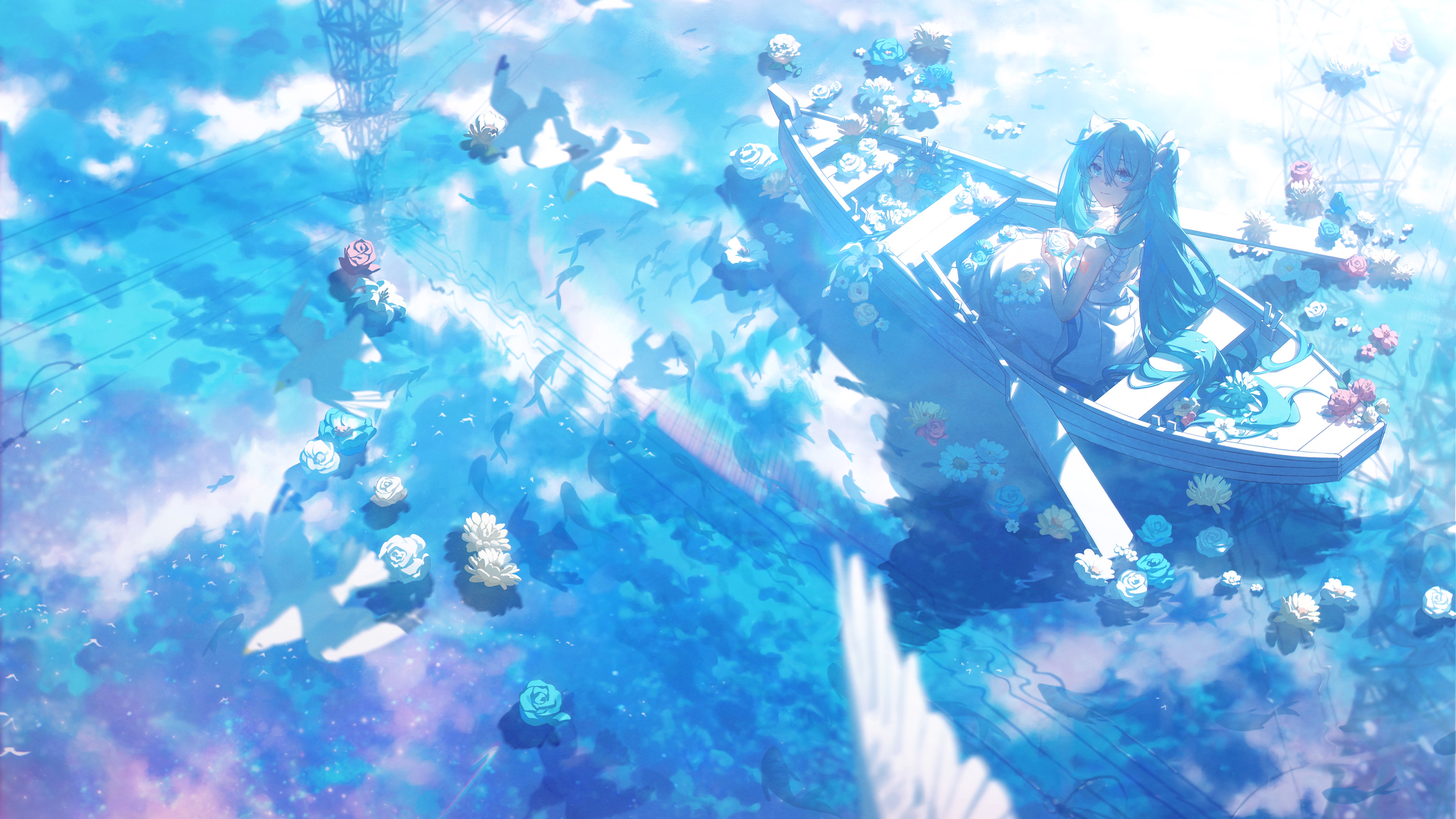 初音,花朵,划船