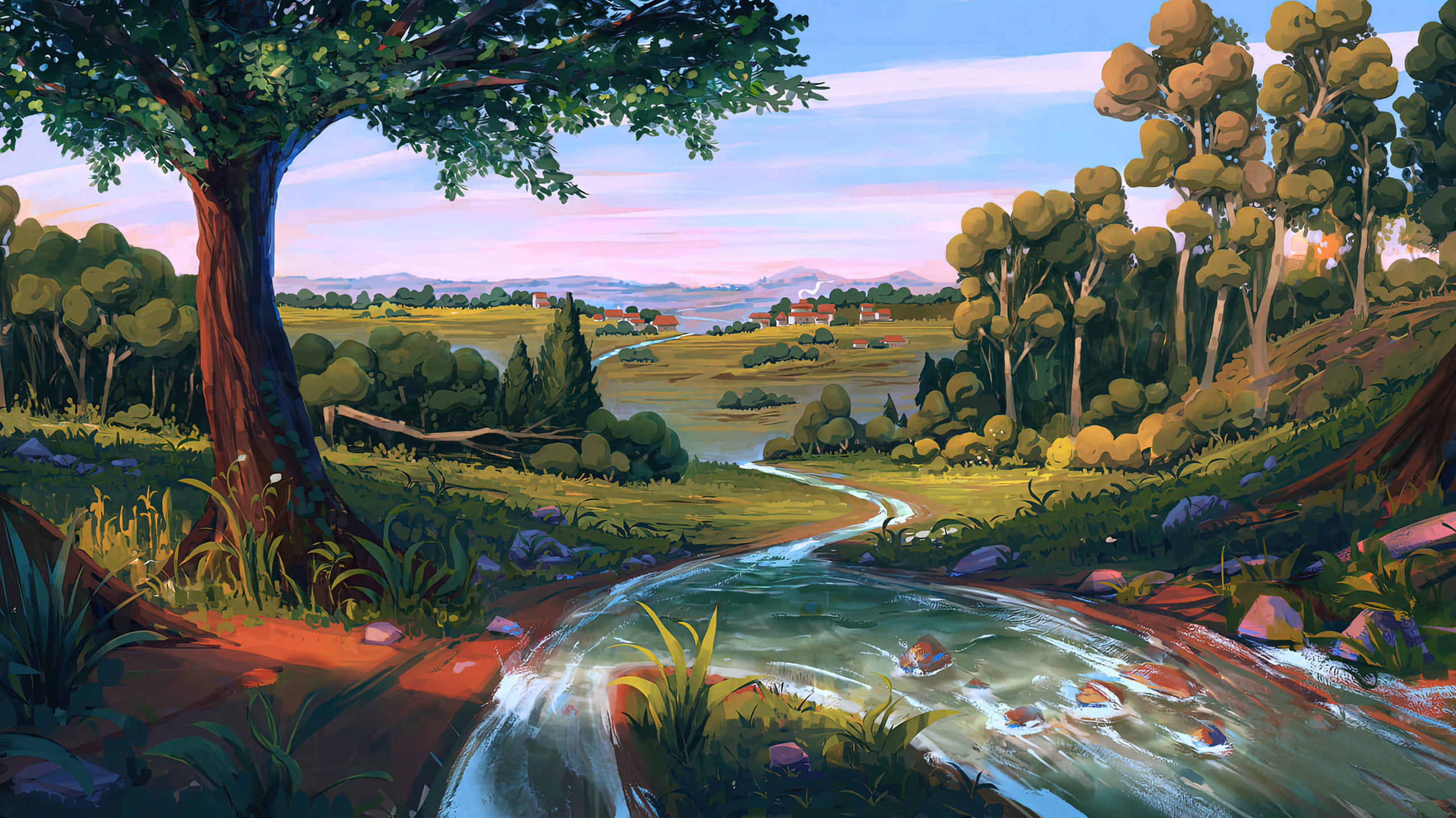 村庄,河流,树林,小溪