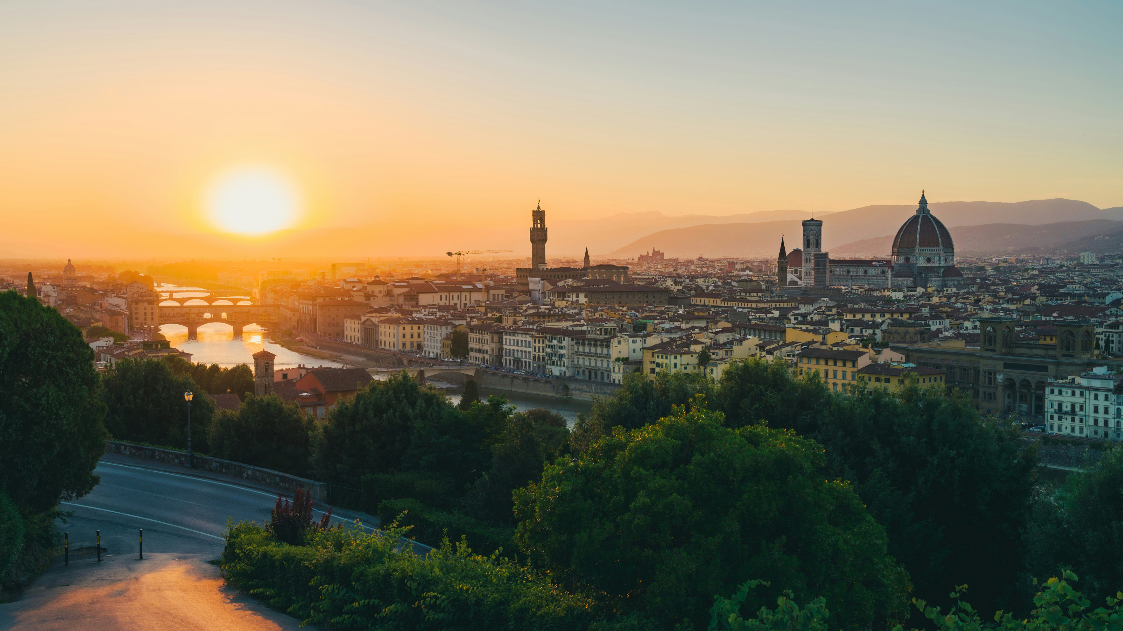 城市,日出,河流,教堂