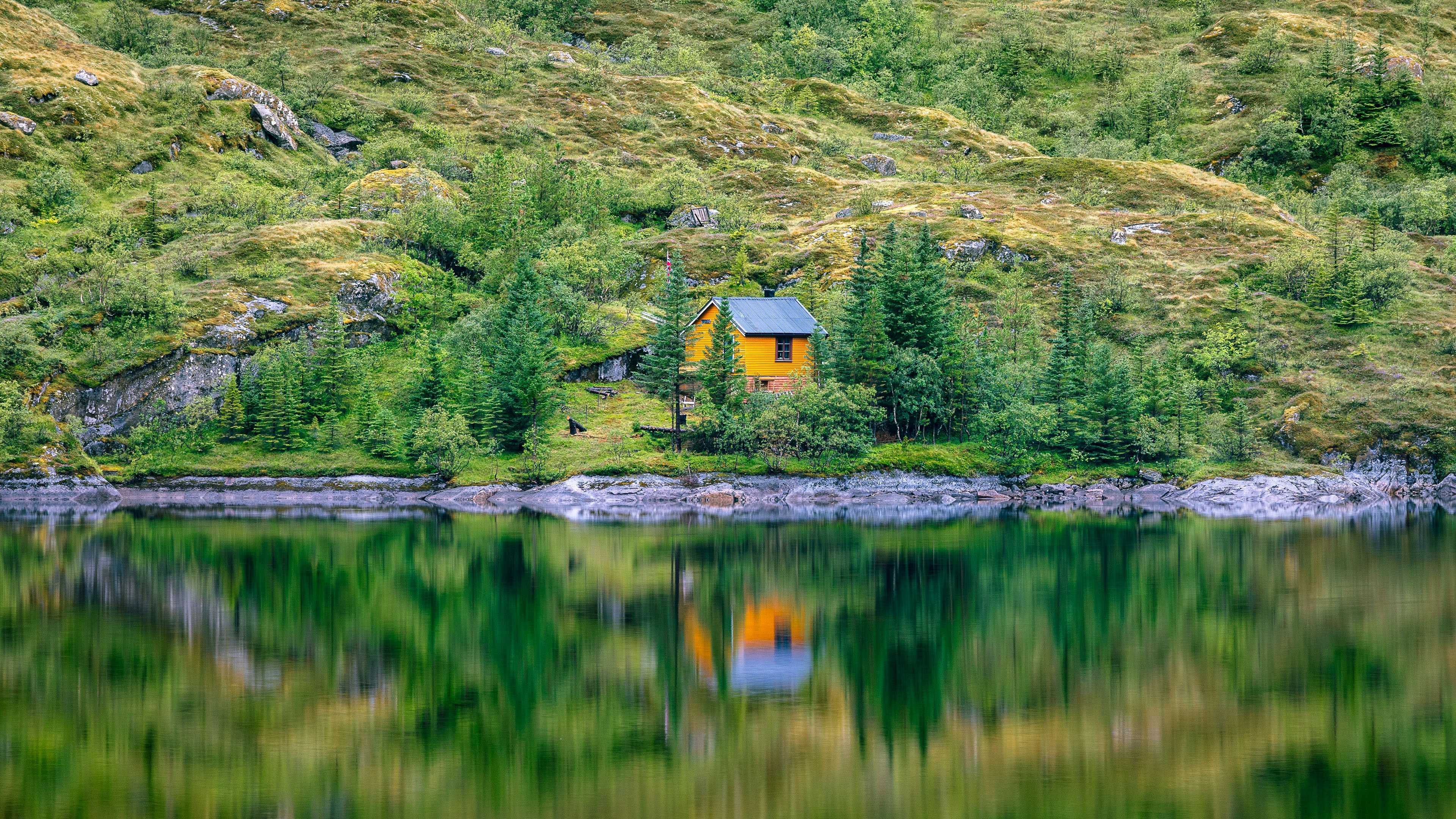 自然风光,倒影,湖边小屋,山坡