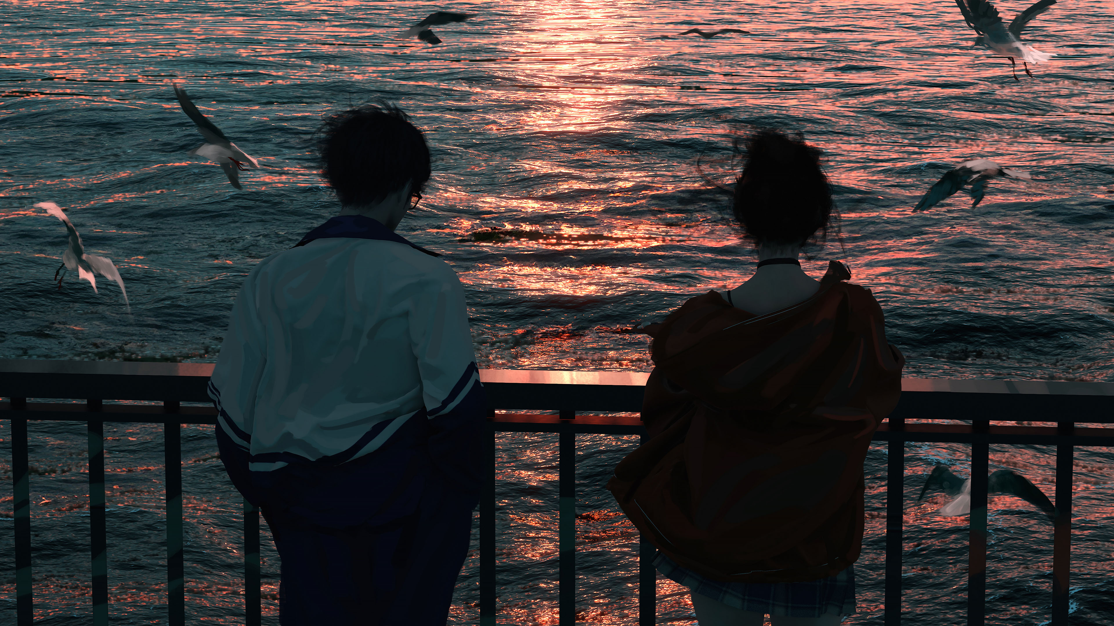 海鸥,日出,海浪