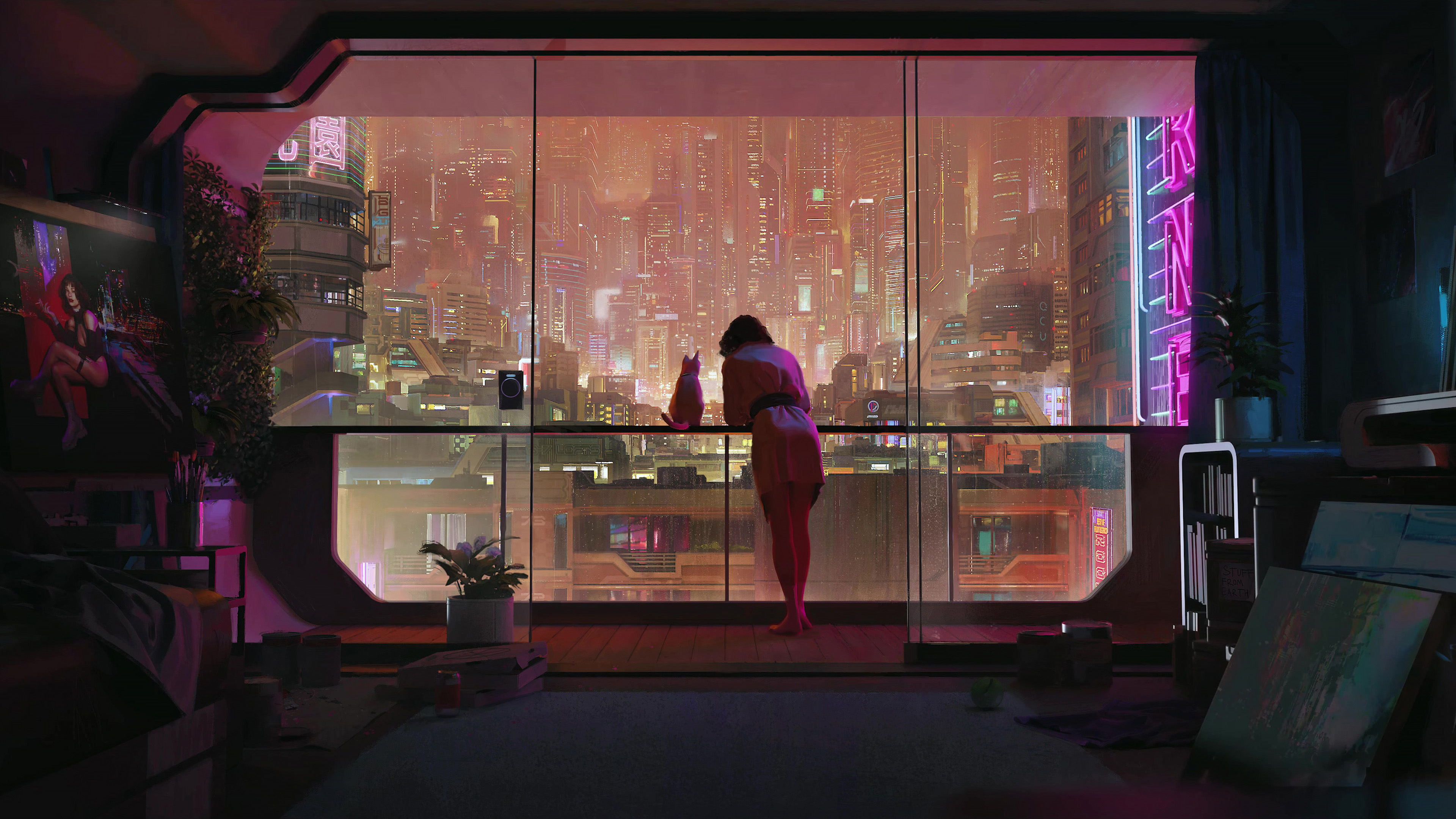 赛博朋克,城市,落地窗,猫咪,窗户