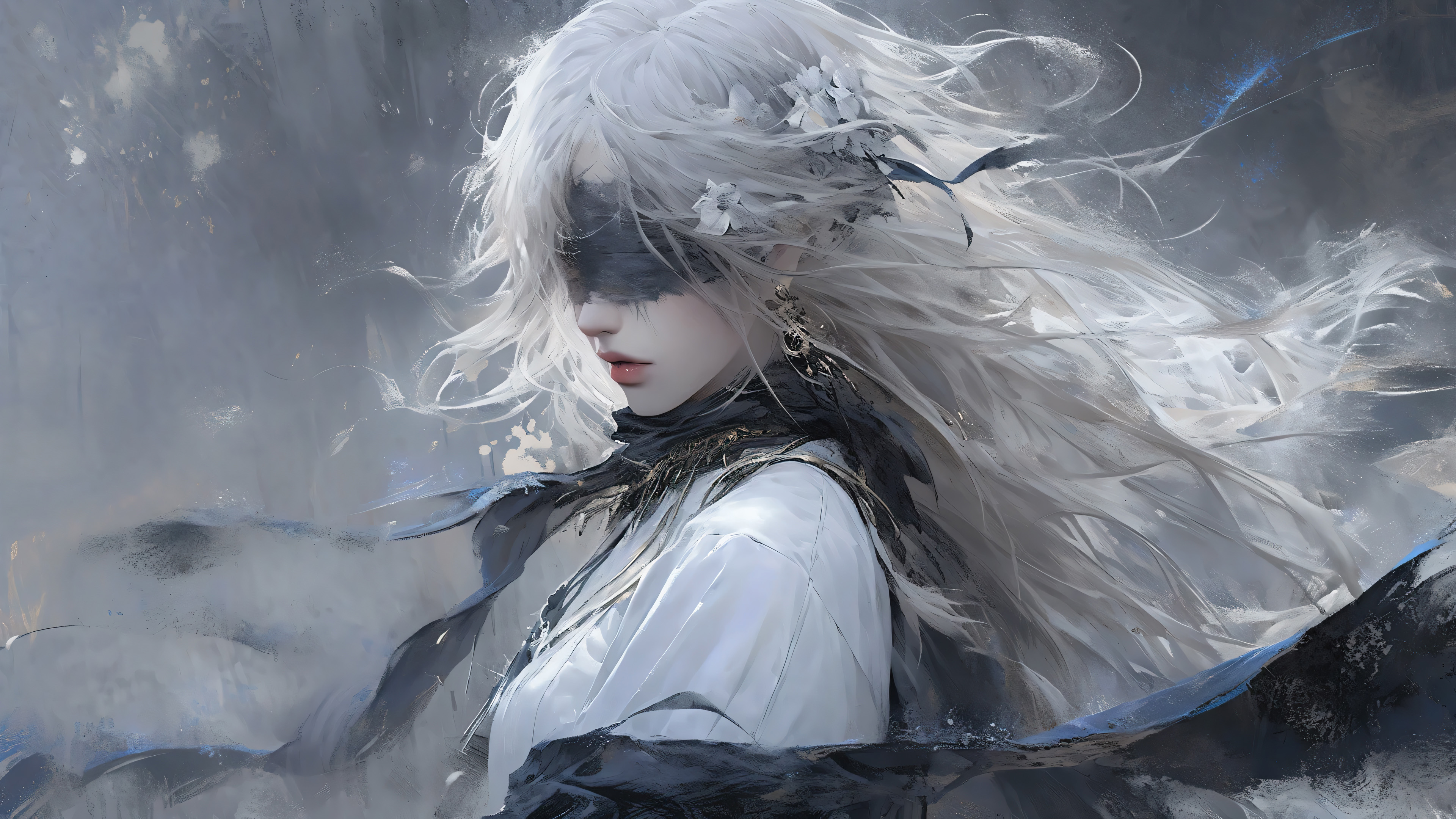 蒙眼女孩,白色长发,