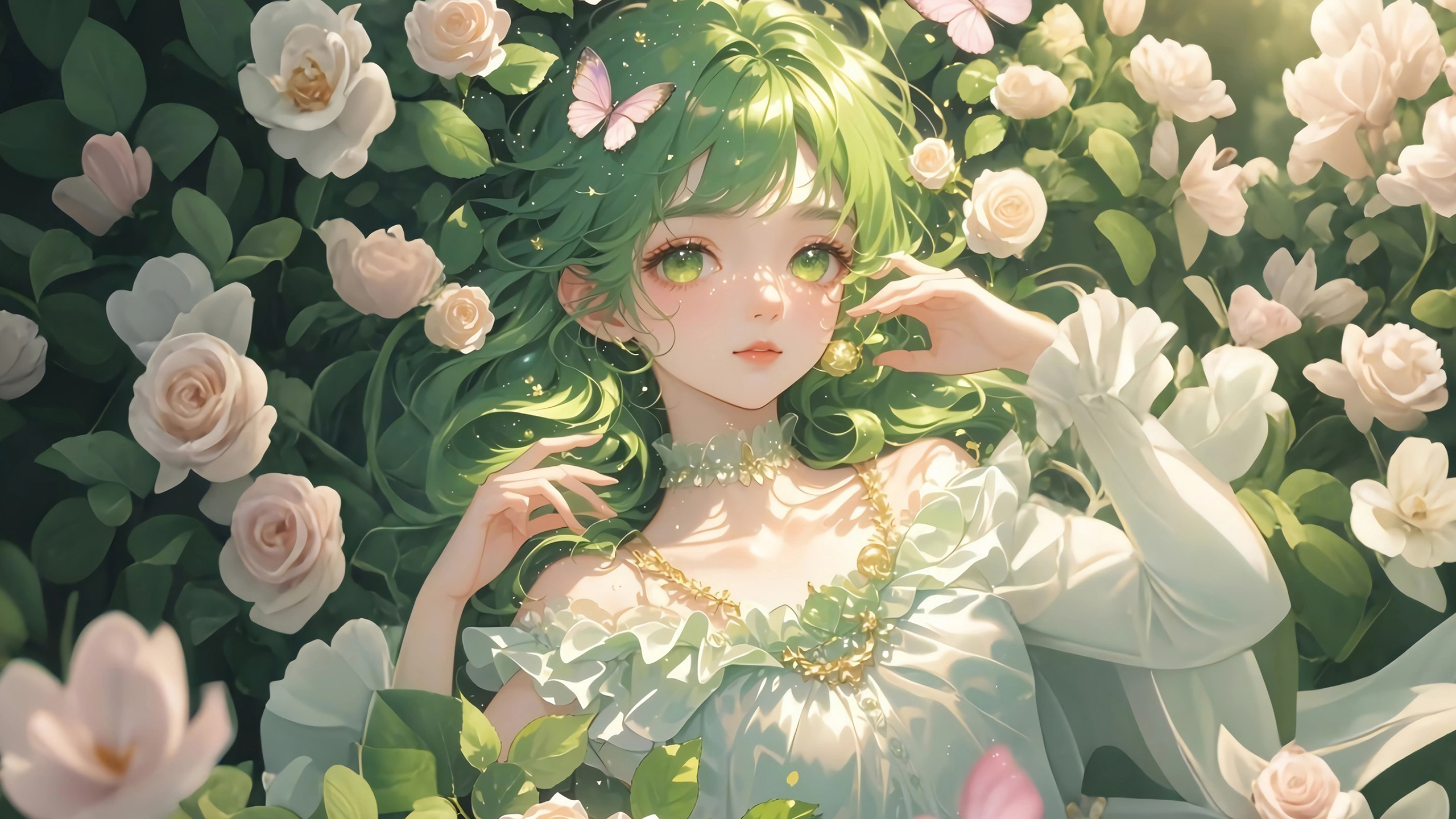 花丛,女孩,玫瑰花