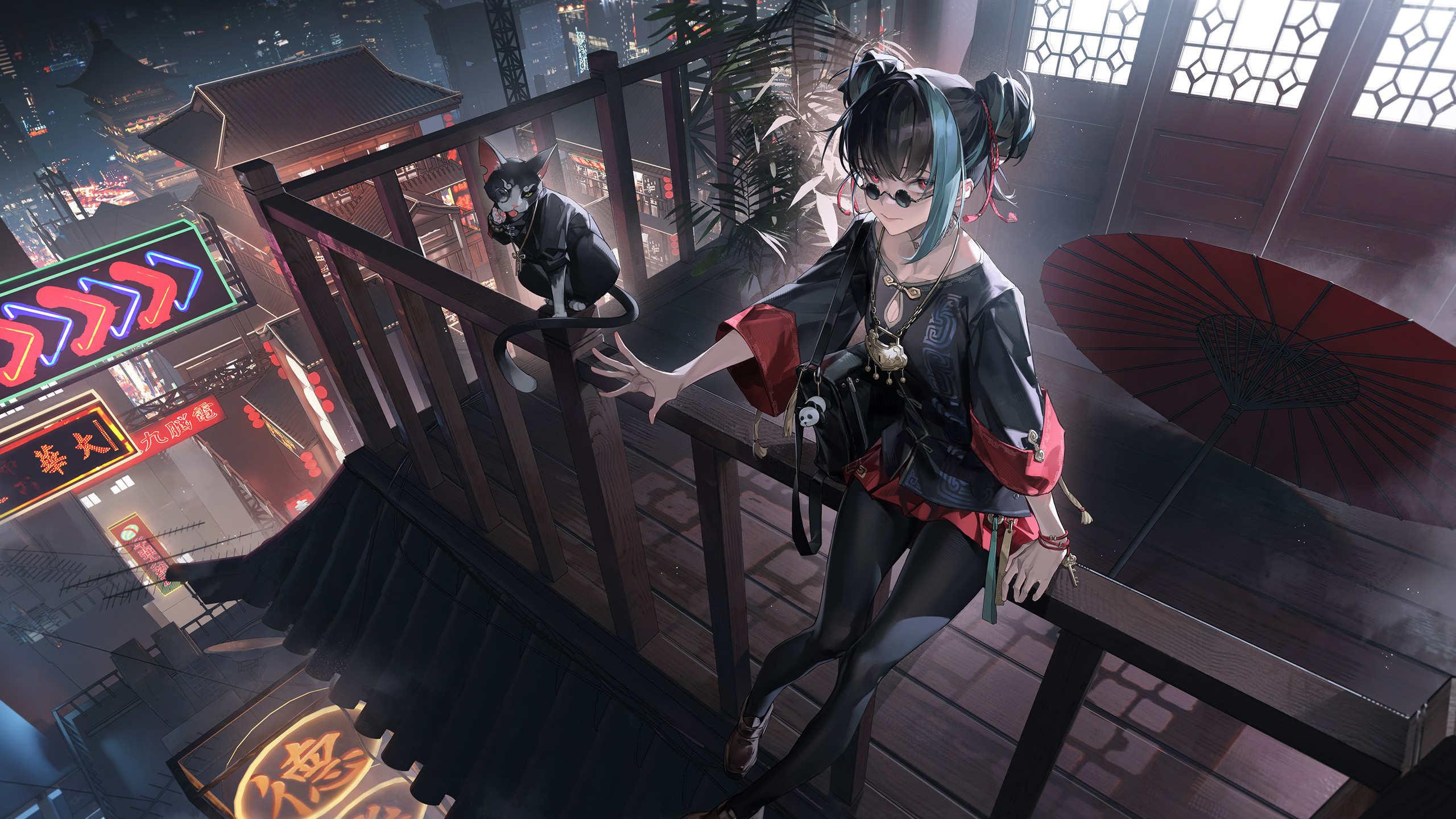 丸子头,长命锁,阳台,黑猫,广告牌