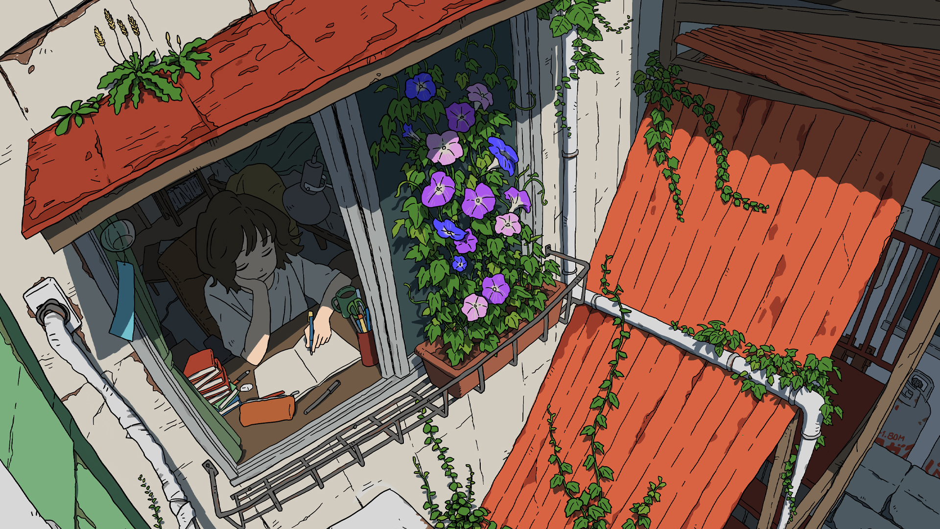 作业,学习,困,屋顶,爬山虎