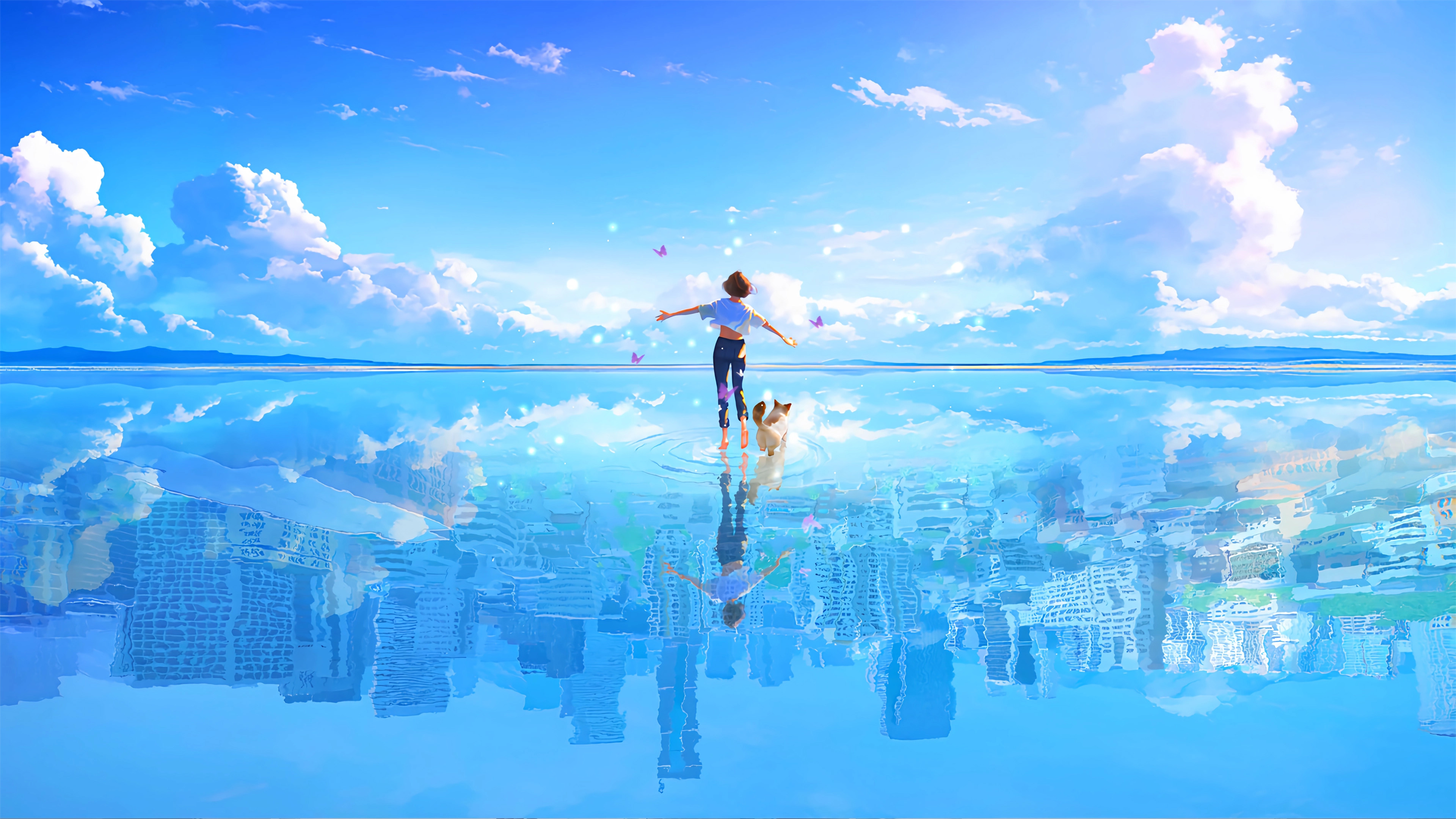 天空,海水,倒影,女孩,小狗背影