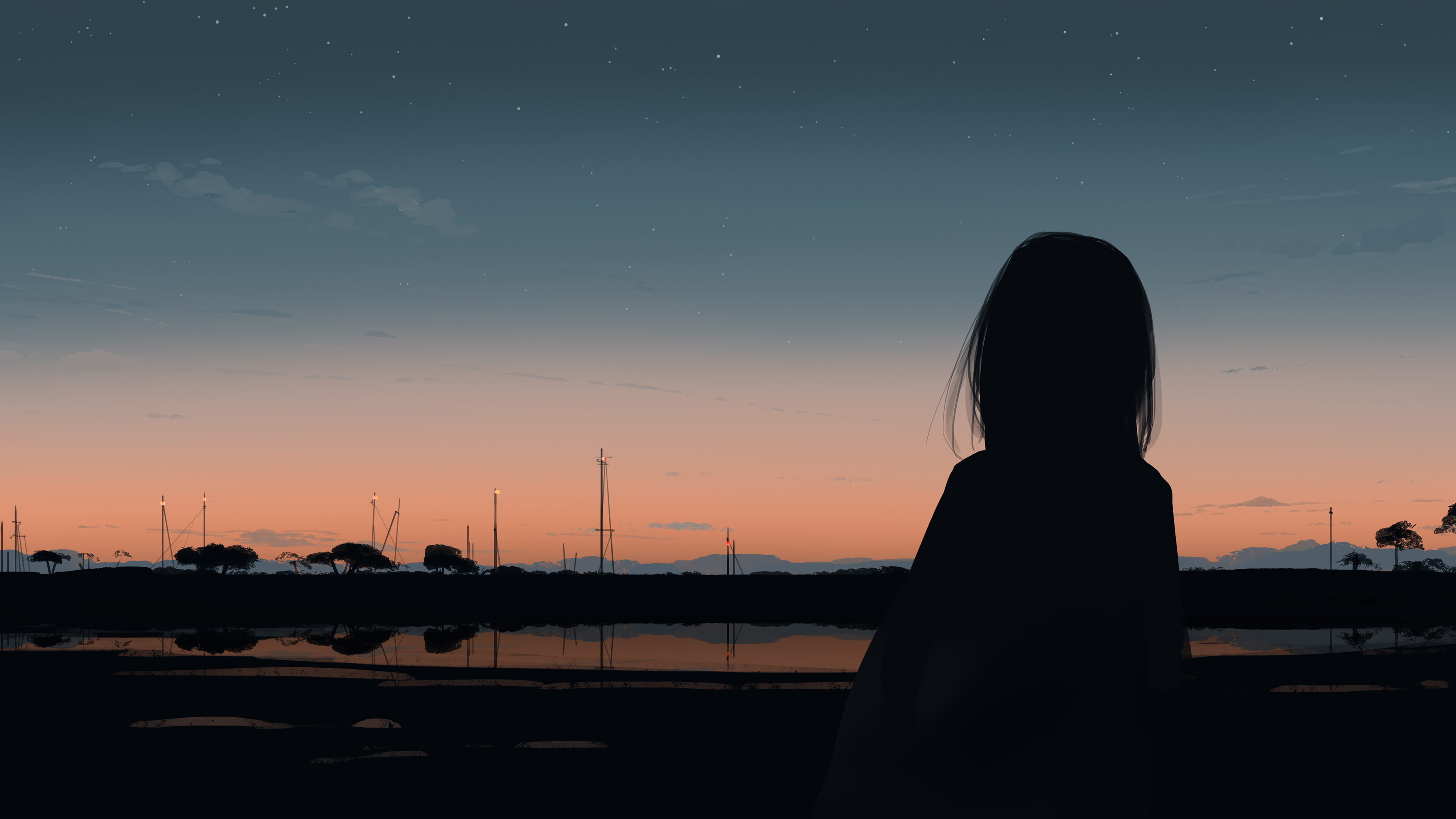 傍晚,背影,路灯,晚霞