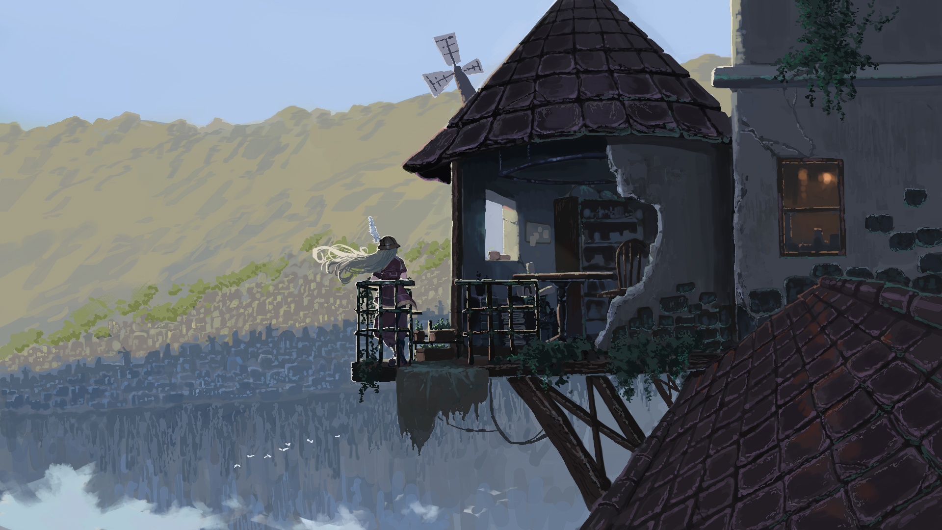 破屋,风车,长发