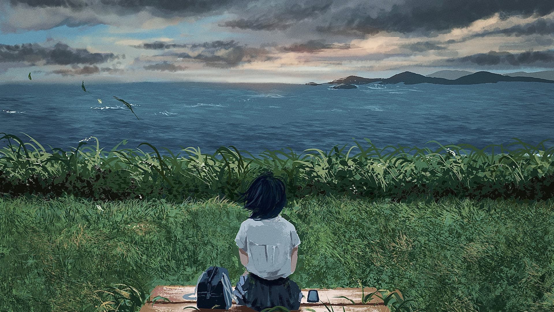 海岸,小女孩,微风,书包,放学