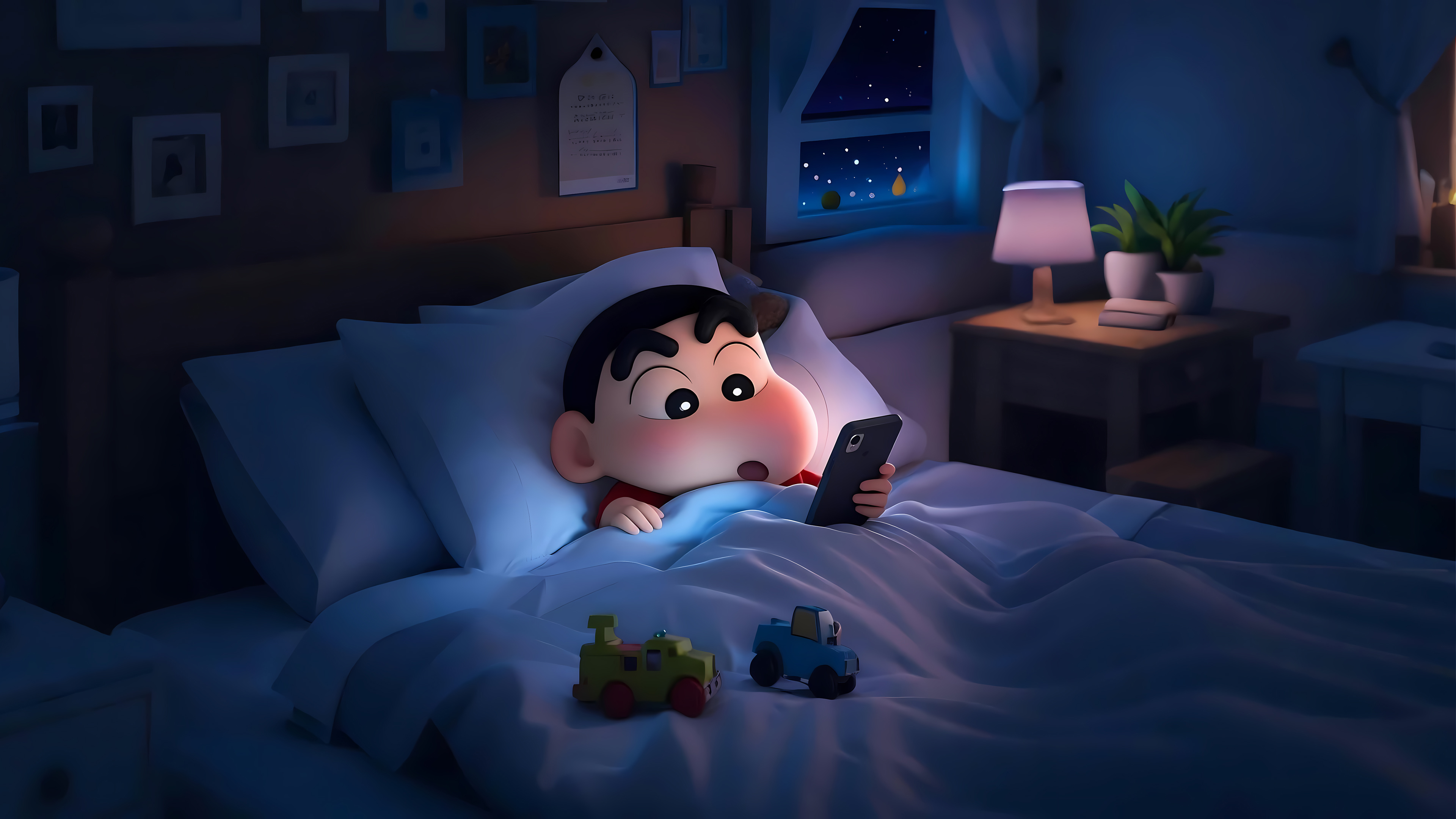 蜡笔小新,晚上,床,卧室,手机