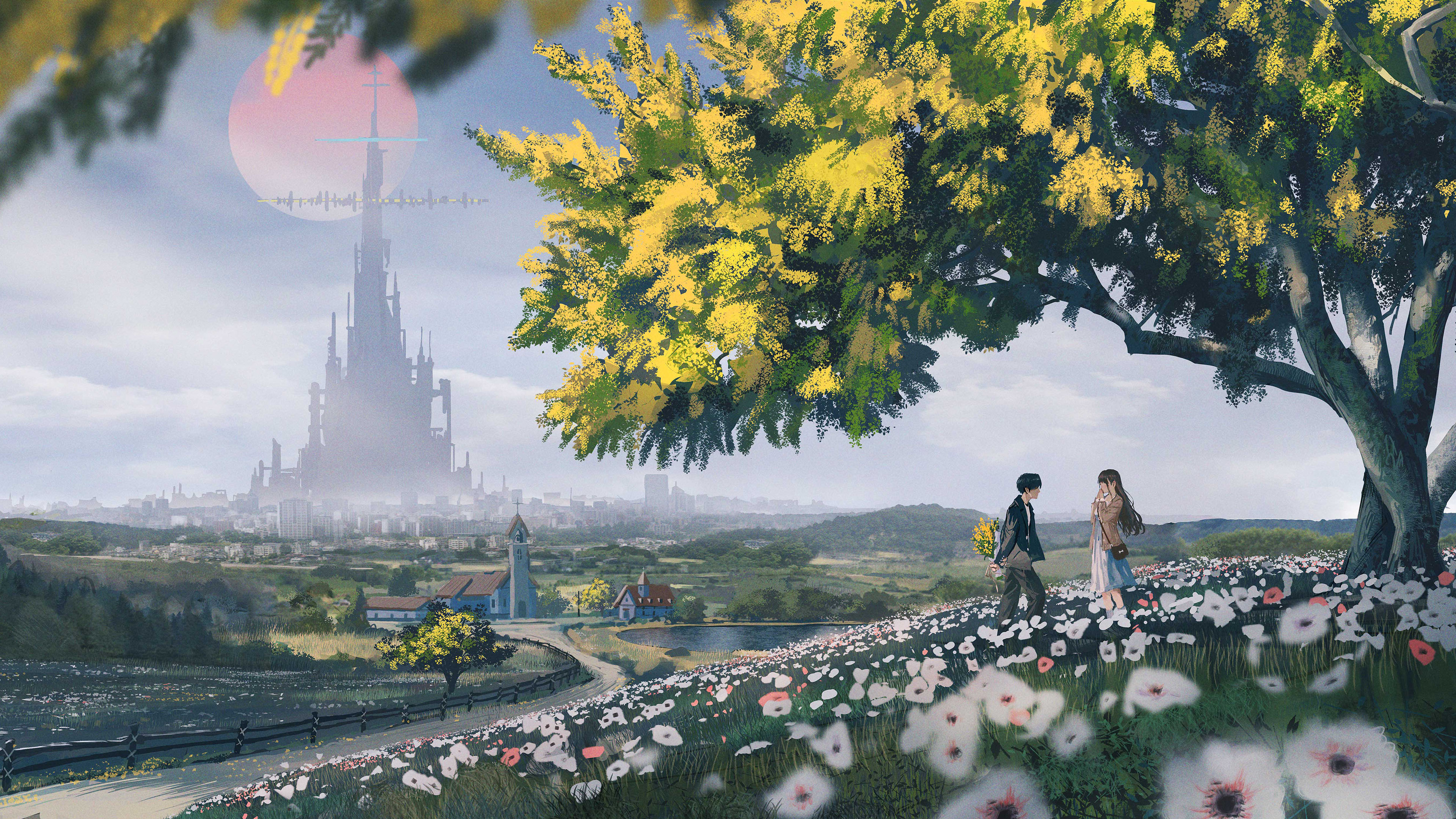 城堡,花海,红月,情侣