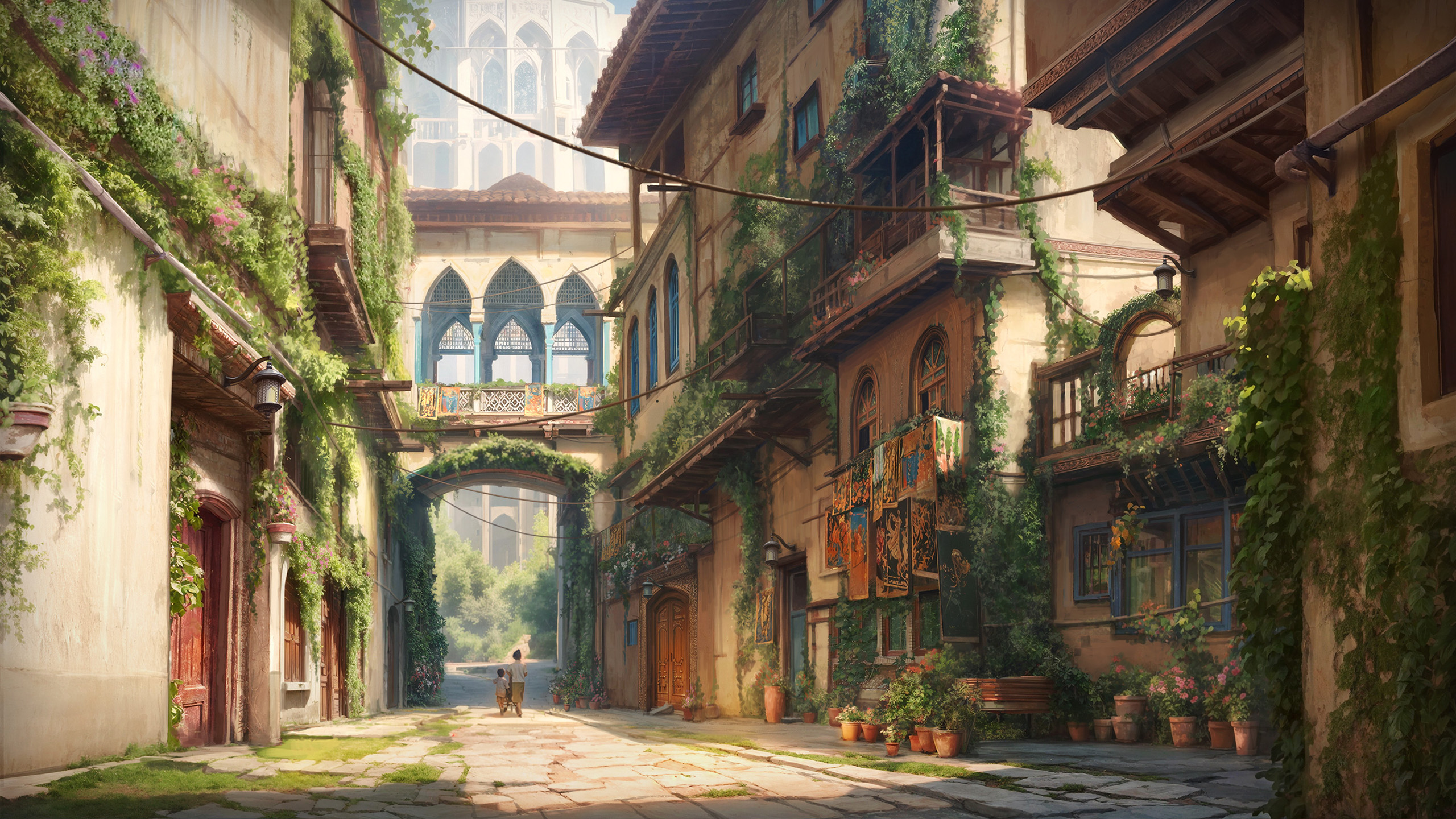 小镇,爬山虎,房屋,父子