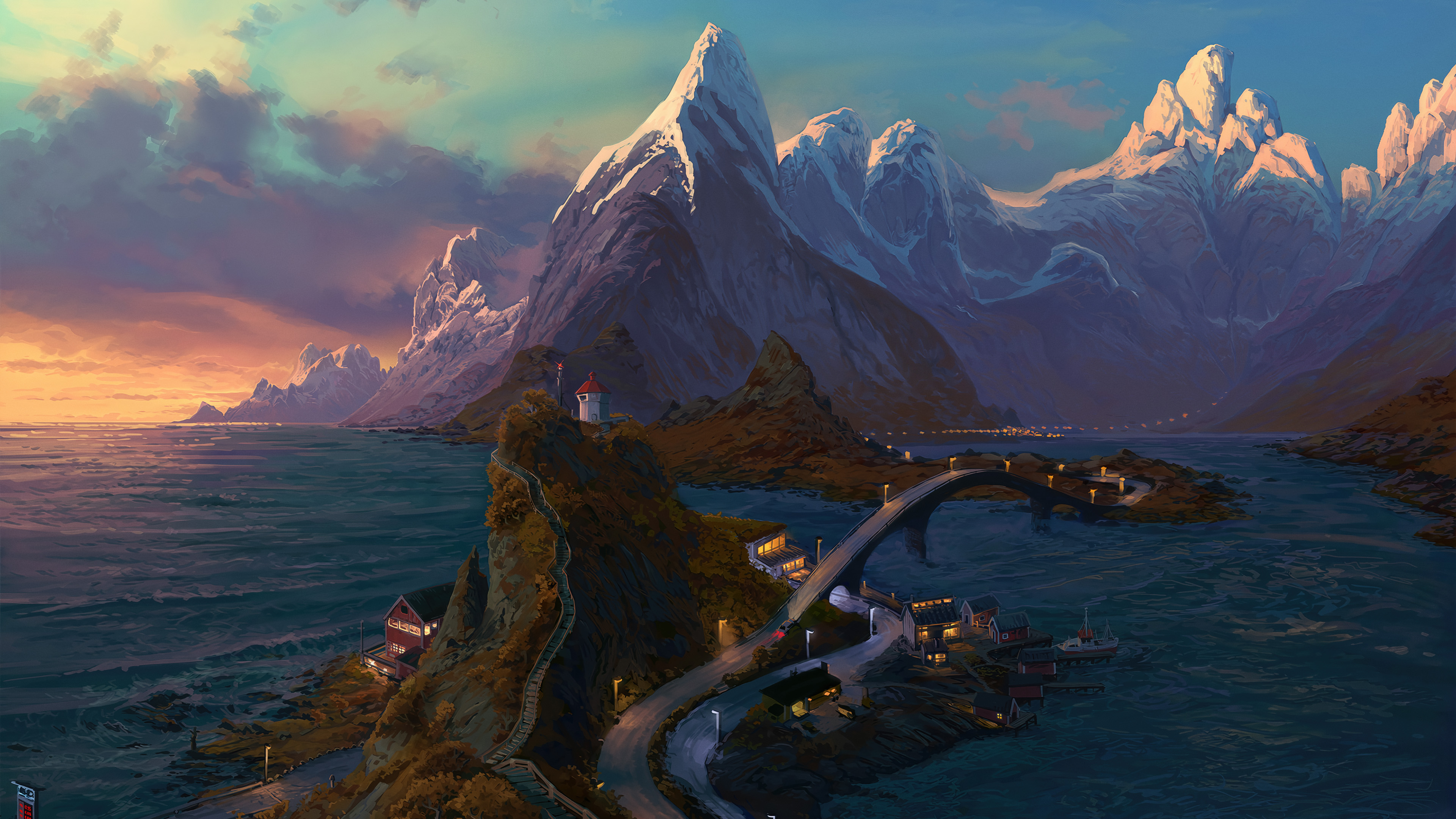 雪山,小镇,高峰,路灯