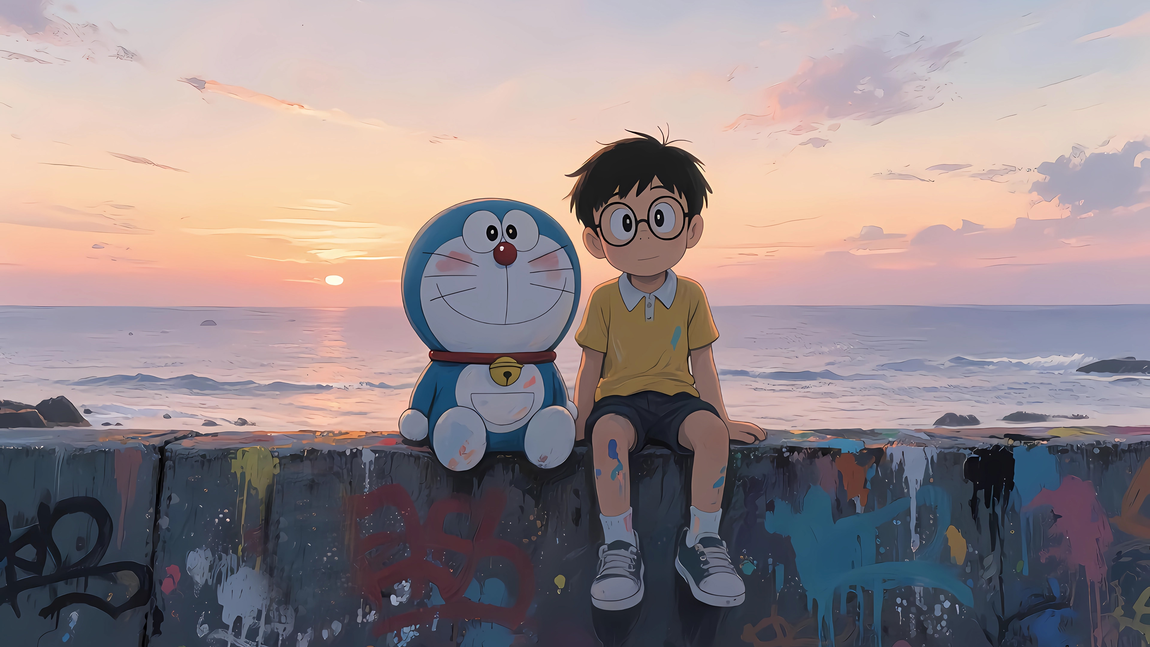 哆啦a梦,大雄,海边,涂鸦