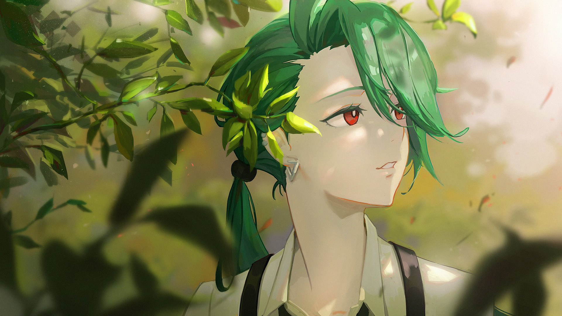 枝头,绿发红眼,阴影