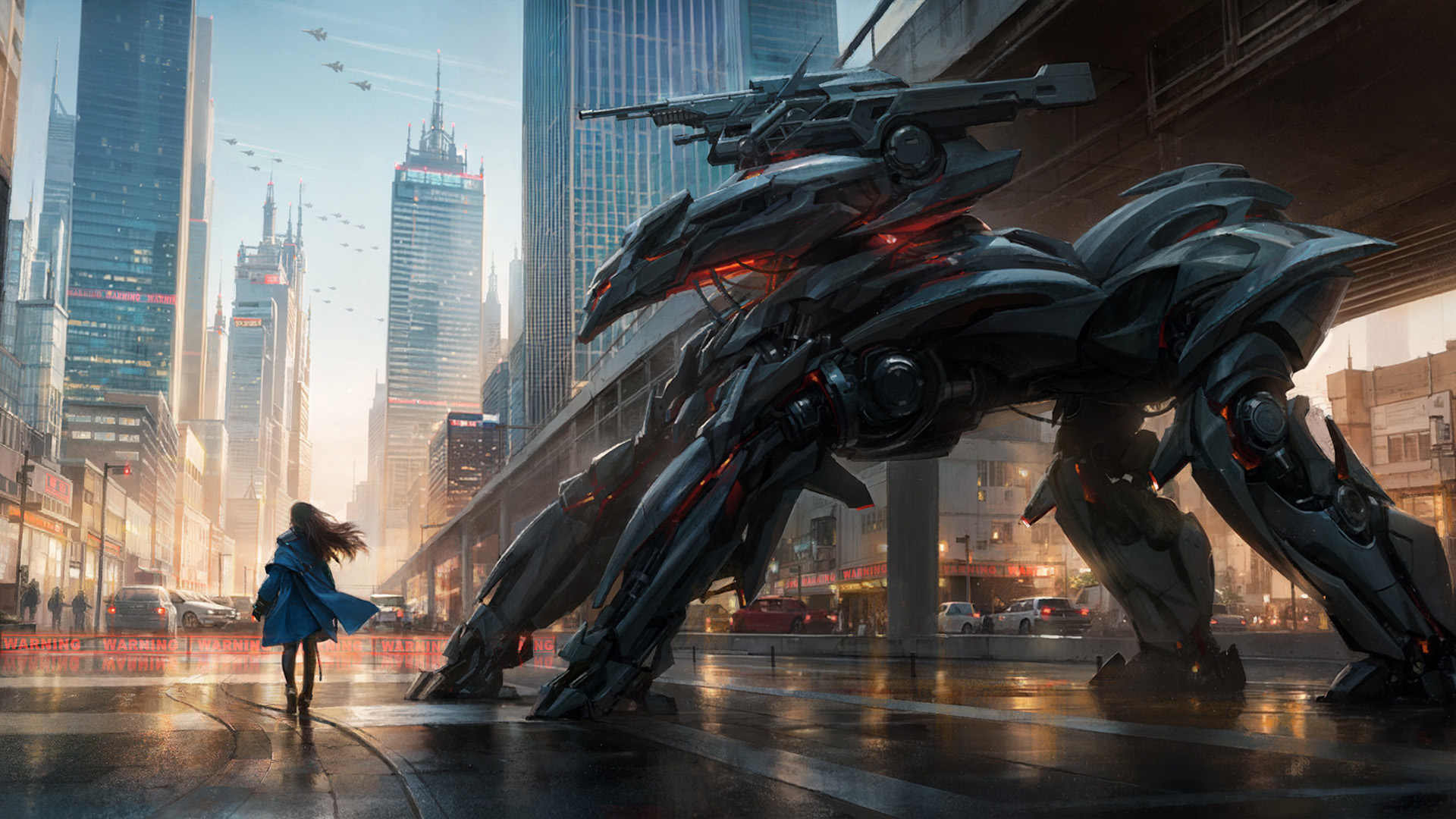 长发女孩,机器狗,武器,城市