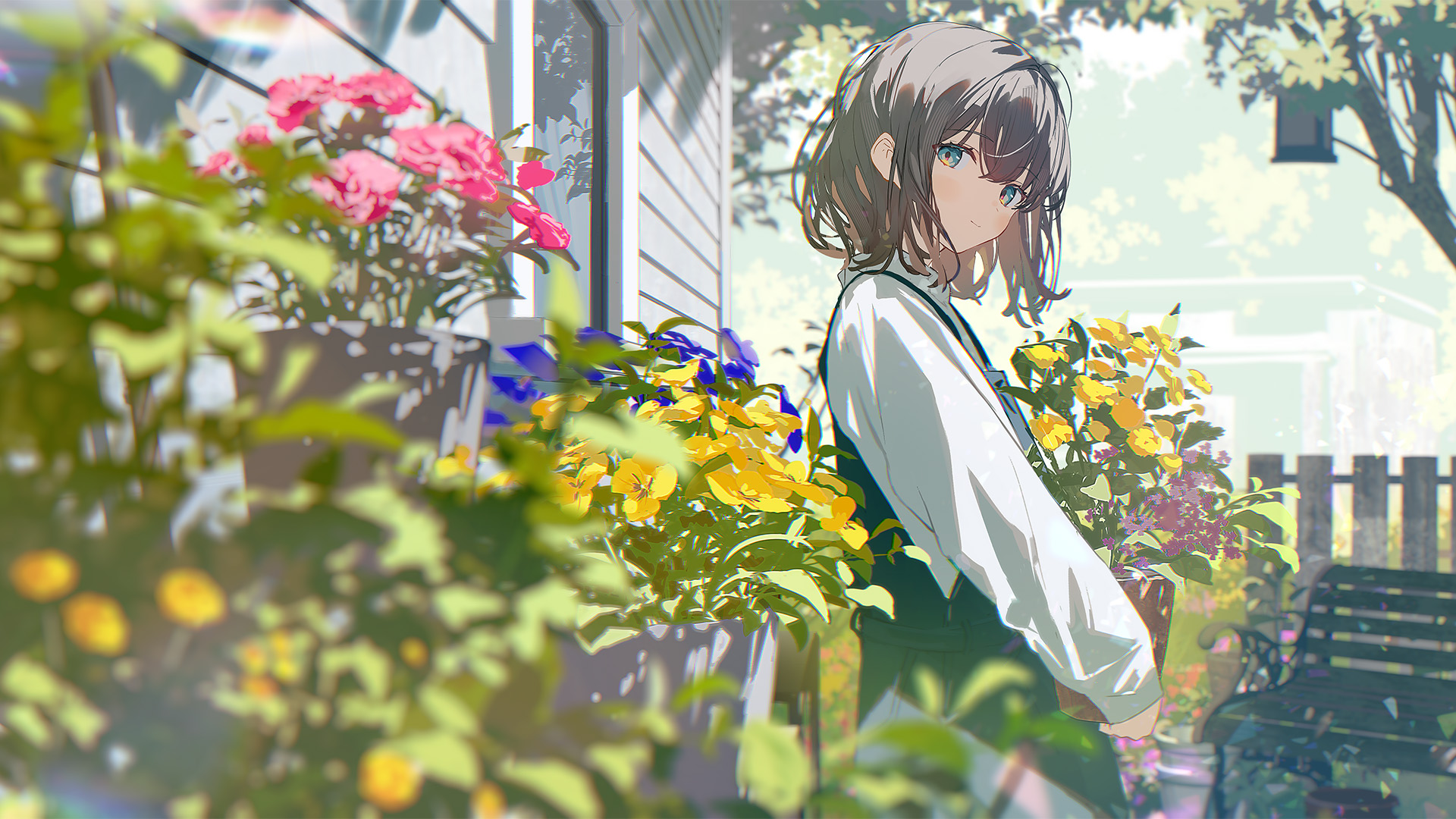 短发,鲜花,花园