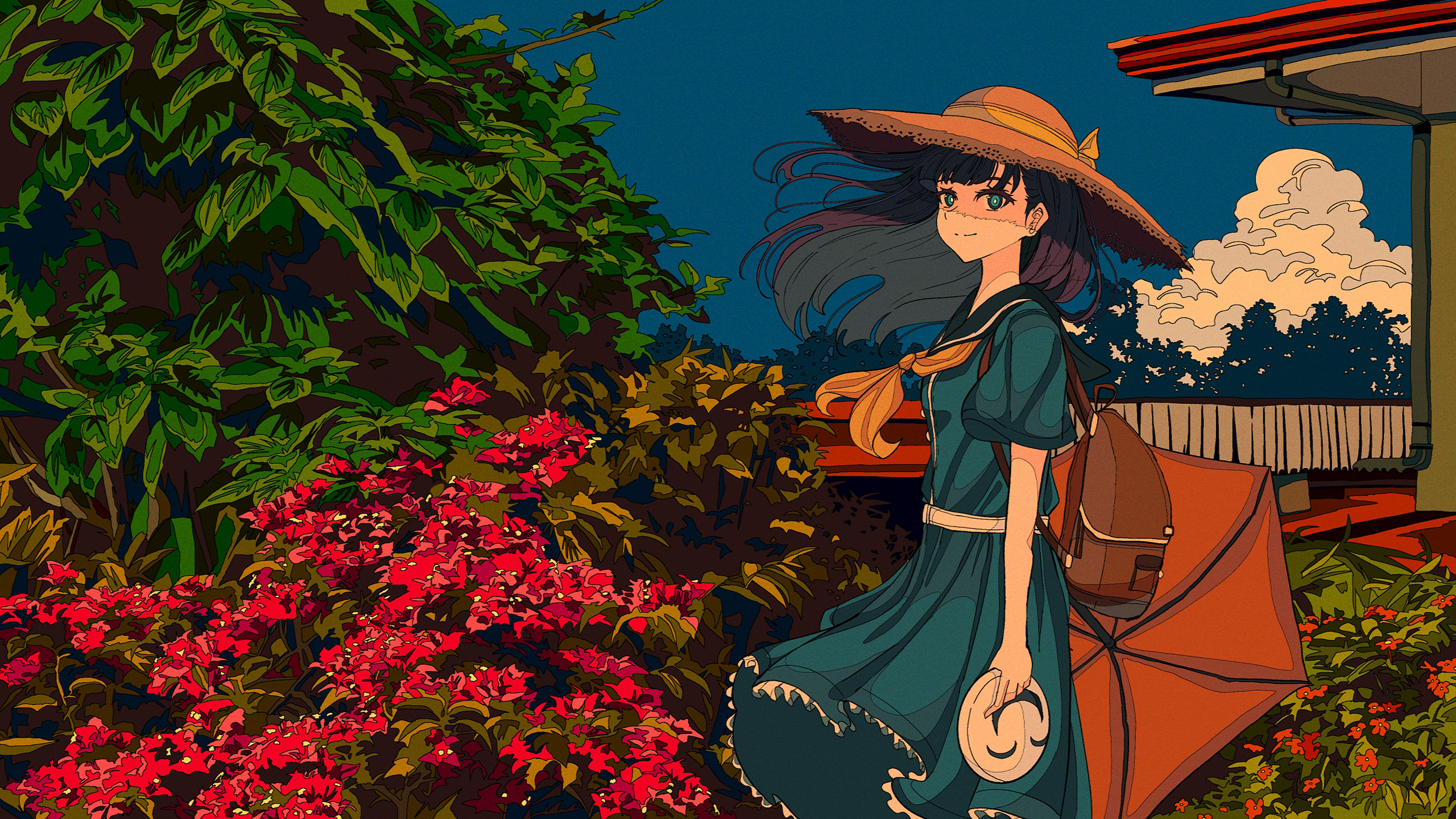 长发女孩,连衣裙,太阳帽,