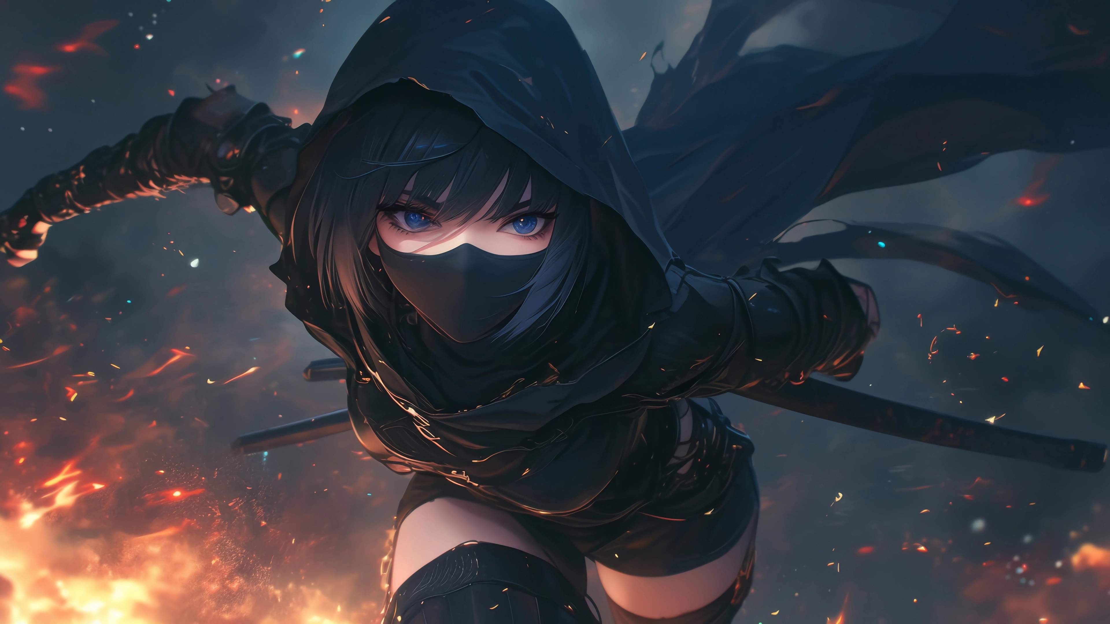 蒙面女侠,蓝瞳,暗黑系,火焰,黑色斗篷