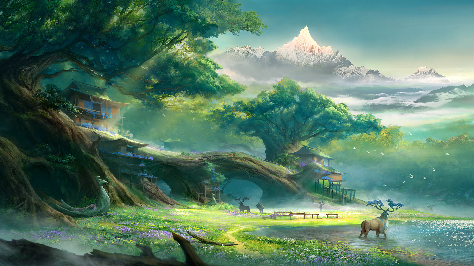 鹿,桃源,雪山,大树