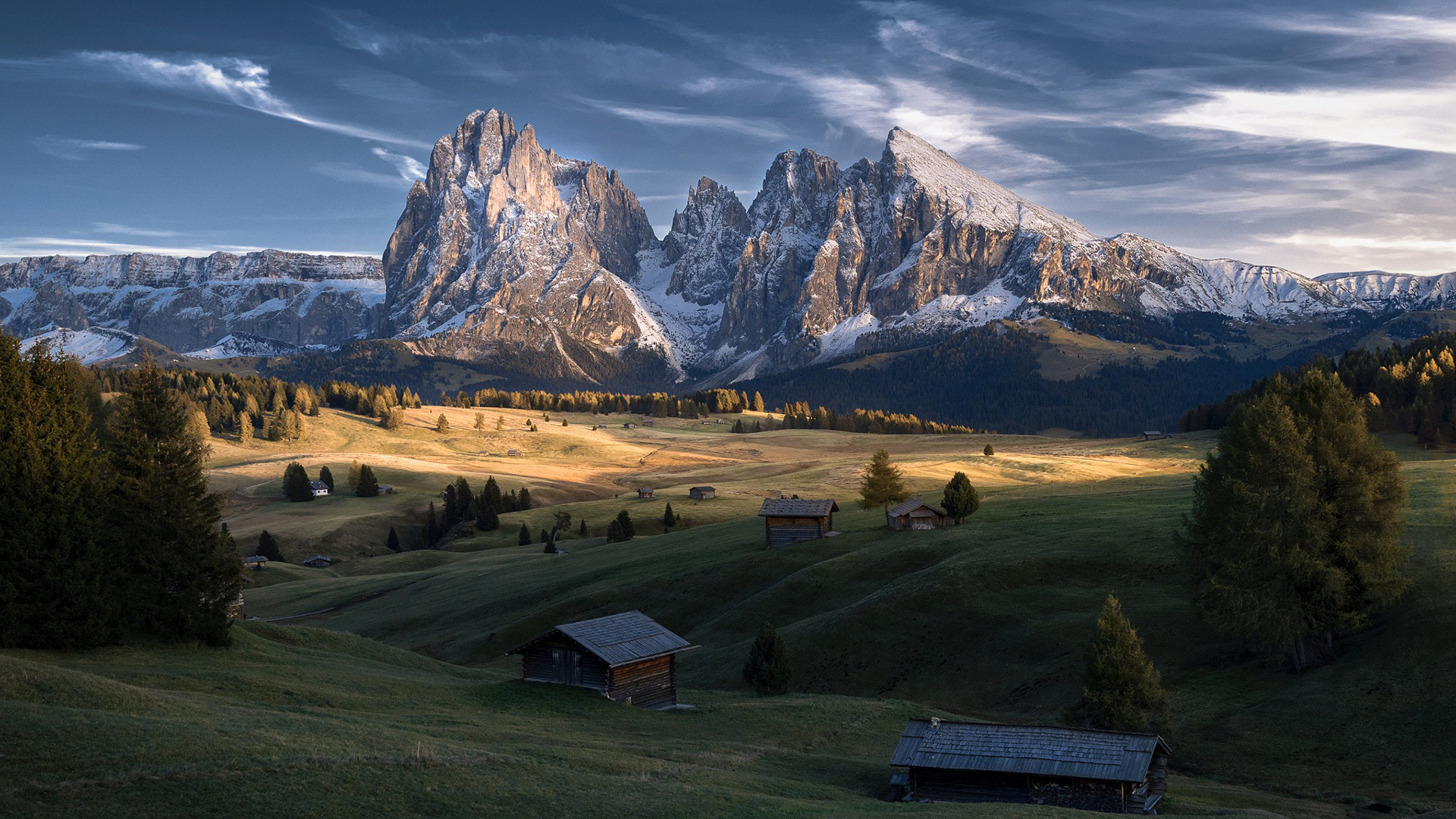 自然风光,雪山,平原,小木屋
