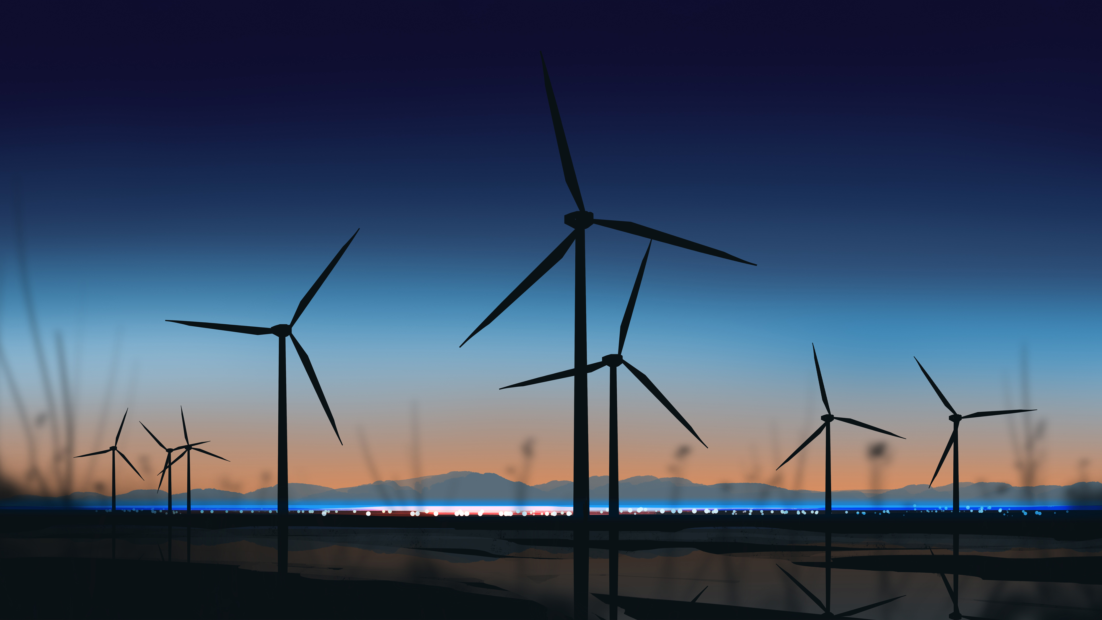 城市夜景,风车,傍晚